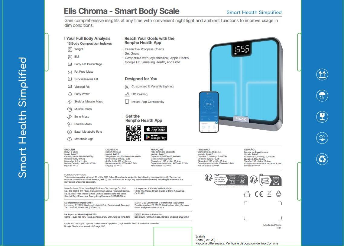 RENPHO Smart Scale for Body Weight with Customize Scale Colors, Rechargeable, ITO Coating, Elis Chroma