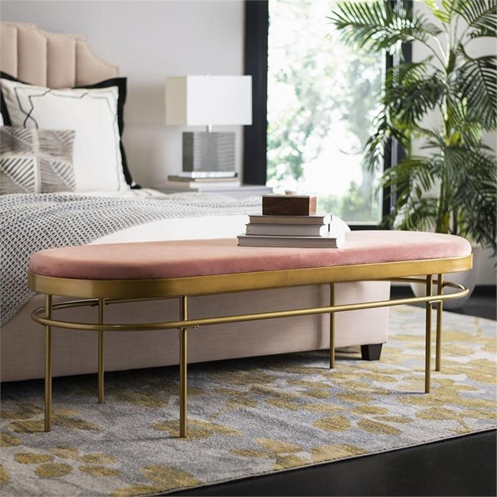 Sylva Oval Bench - Slate Blue Velvet/Gold - Safavieh