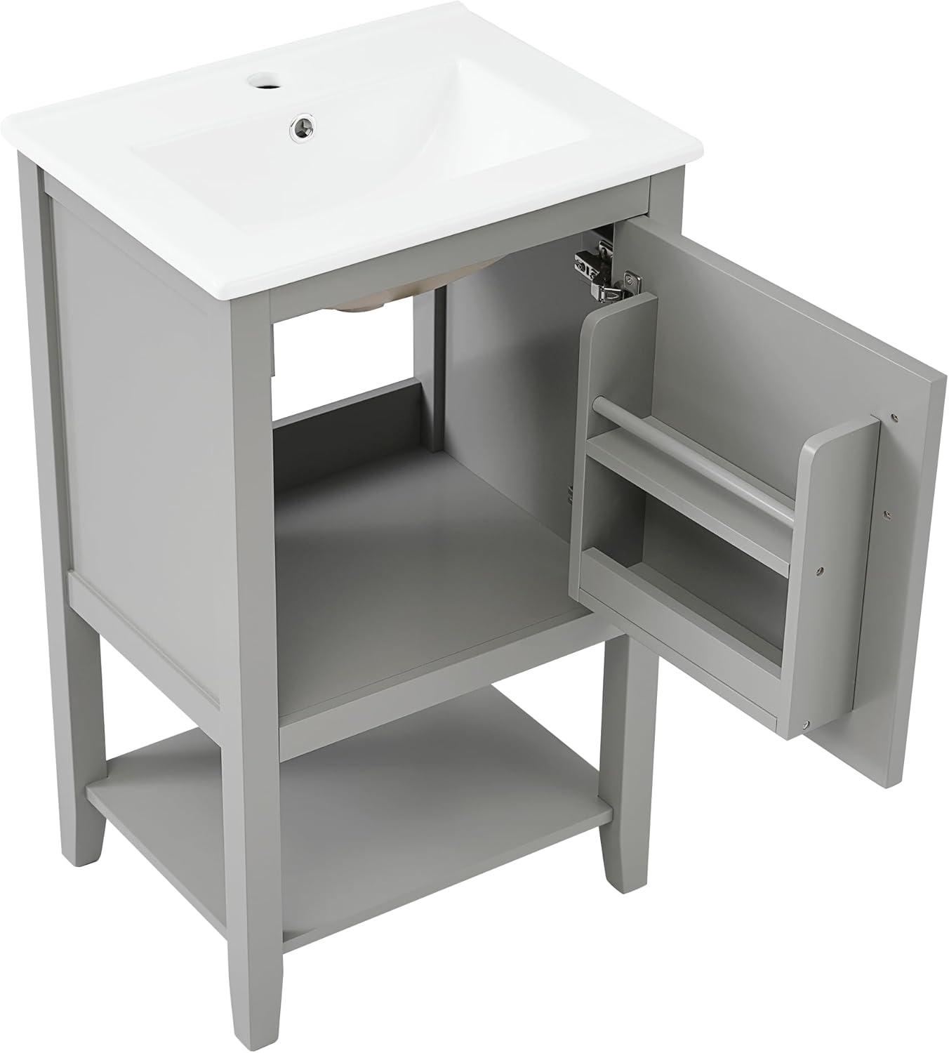 Bellemave 20" Small Bathroom Vanity with Sink, Modern Bathroom Storage Cabinet with Door and Storage Rack, Free Standing Single Basin Vanity with Open Shelf, Undermount Ceramic Sink（Grey）