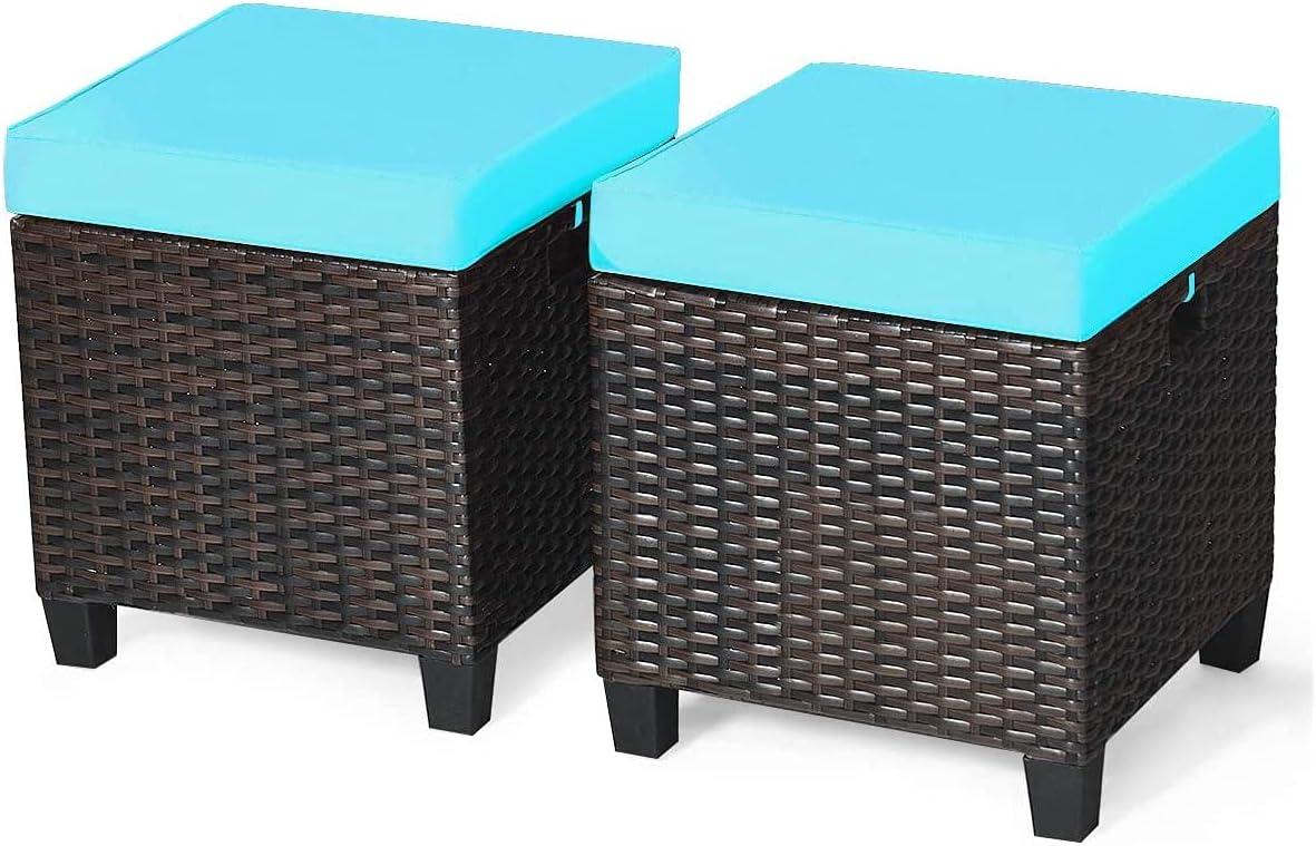 Costway 2PCS Patio Rattan Ottoman Cushioned Seat w/ Foot Rest Turquoise