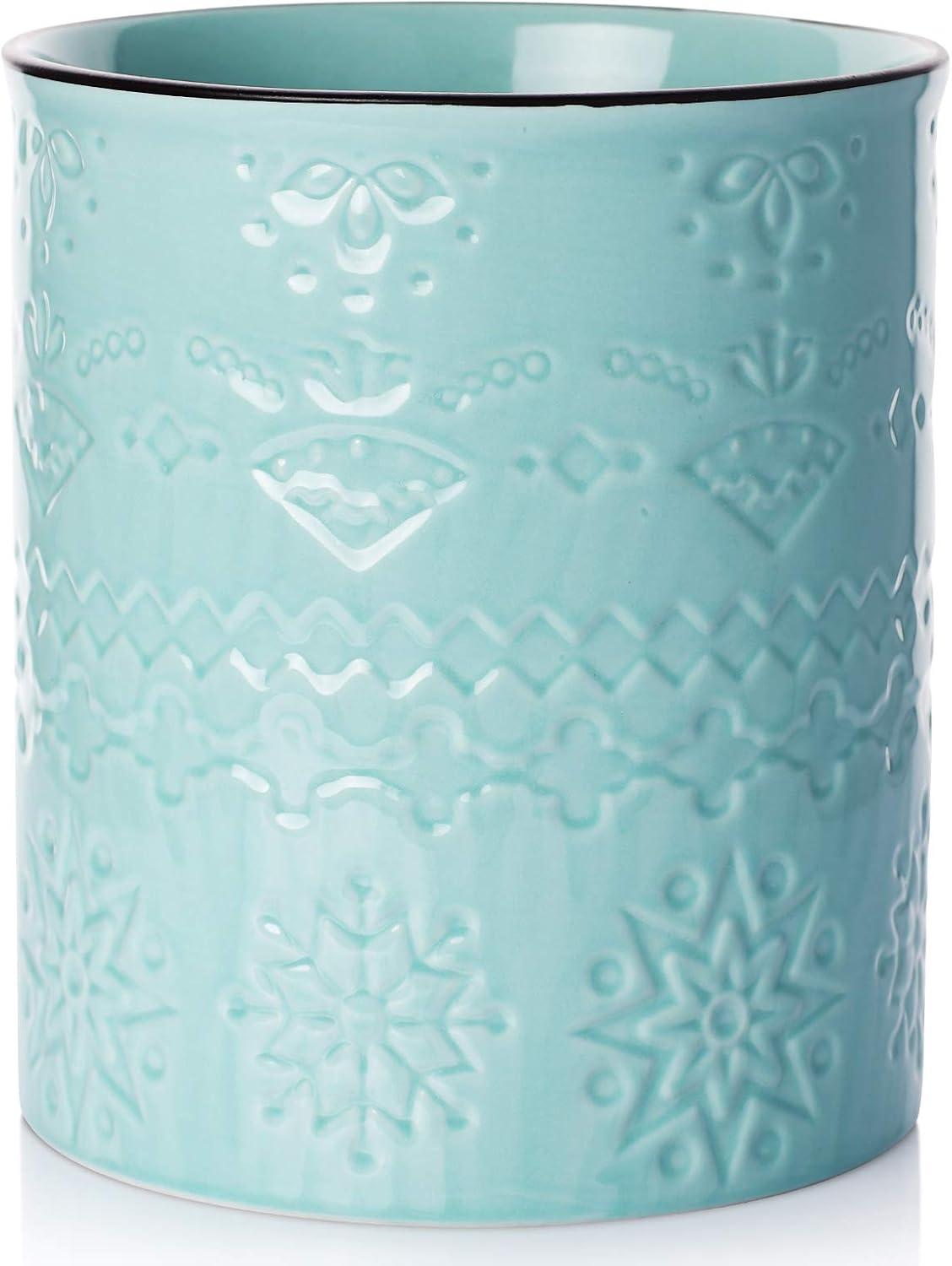 Aqua Ceramic Embossed Kitchen Utensil Holder Crock