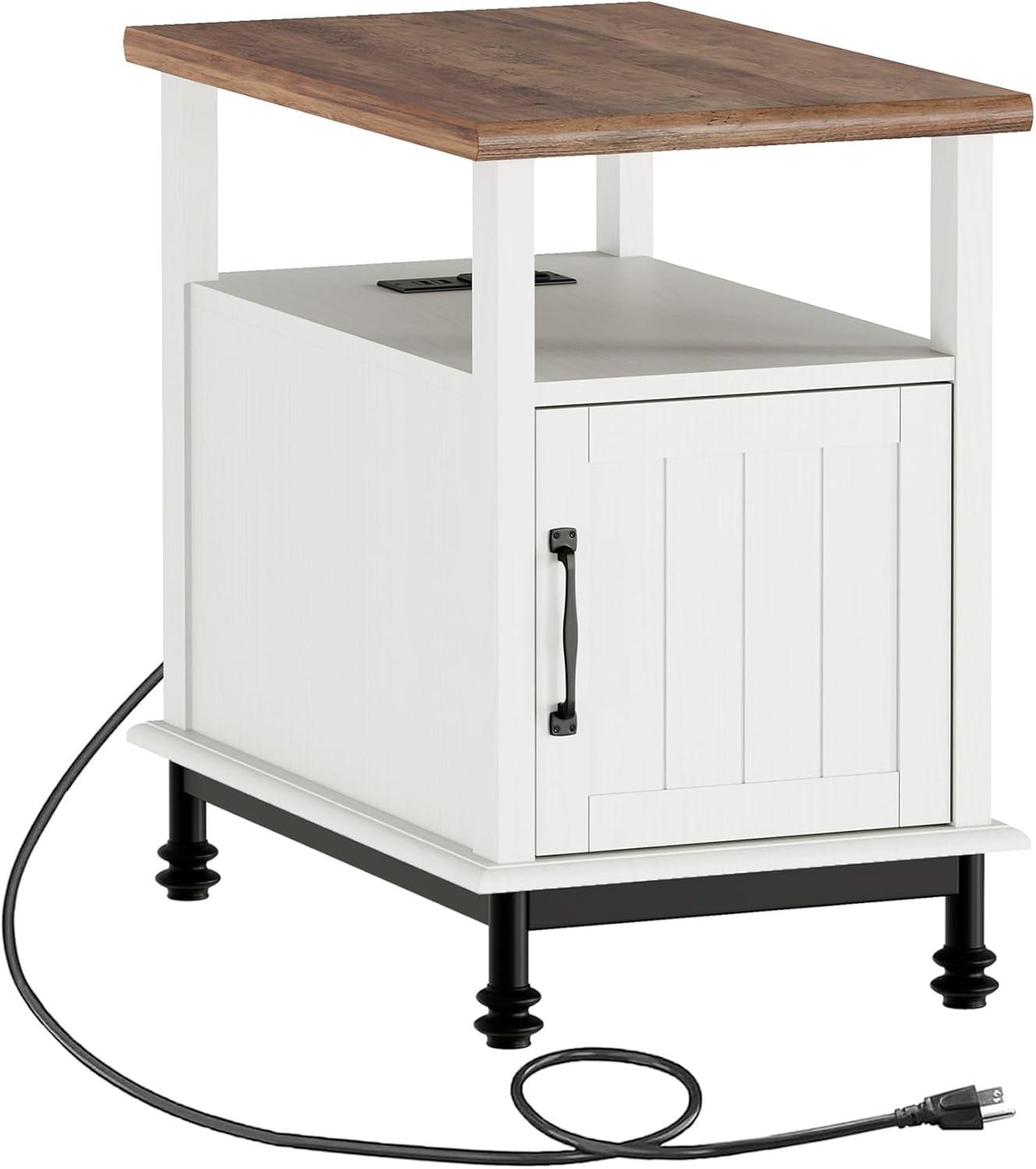 White and Brown Side Table with Charging Station and Storage Cabinet