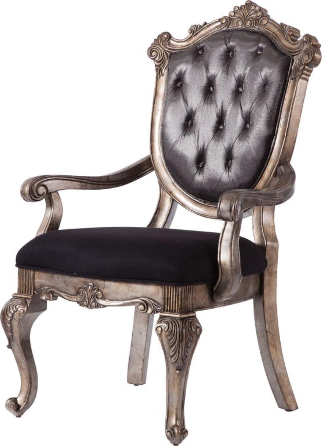 26" Chantelle Dining Chair Silver Gray Silk-Like Fabric and Antique Platinum Finish - Acme Furniture: Elegant Tufted Back, Faux Leather Armrests