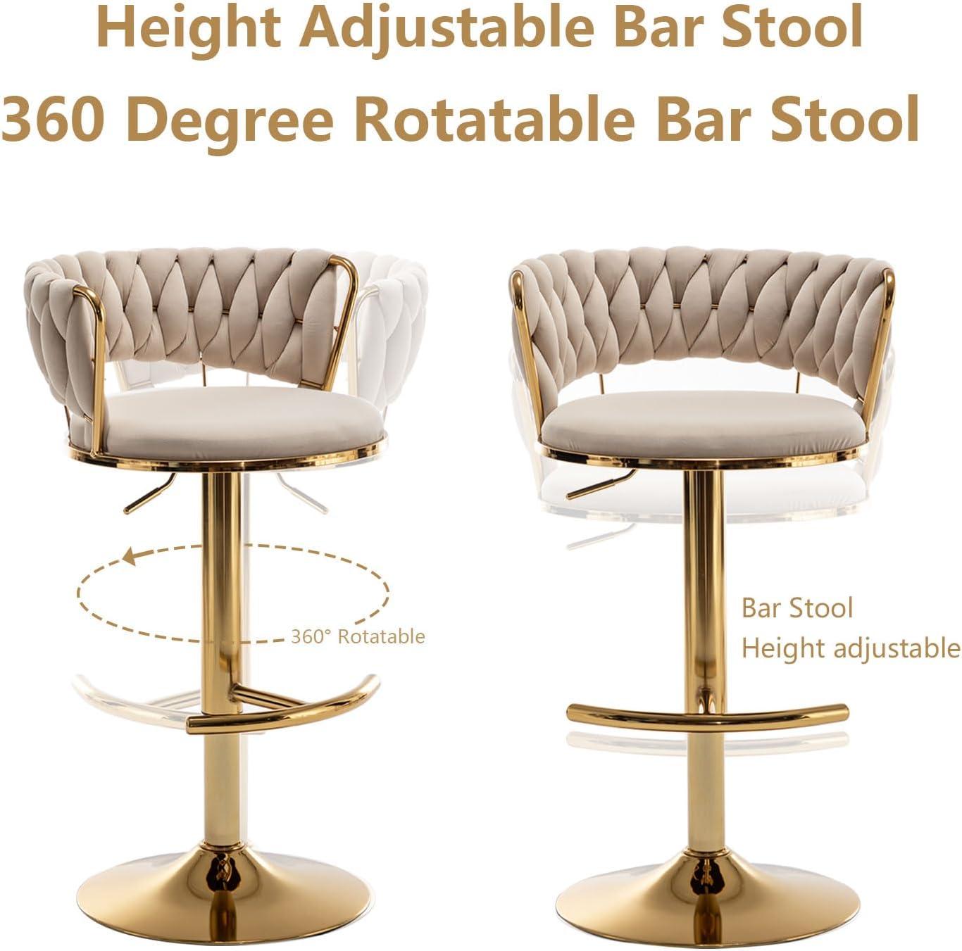 Gold Velvet Bar Stools Set of 4, Counter Height Bar Chairs with Low Back, Swivel Bar Stool for Kitchen Island, Bar Pub (Beige)