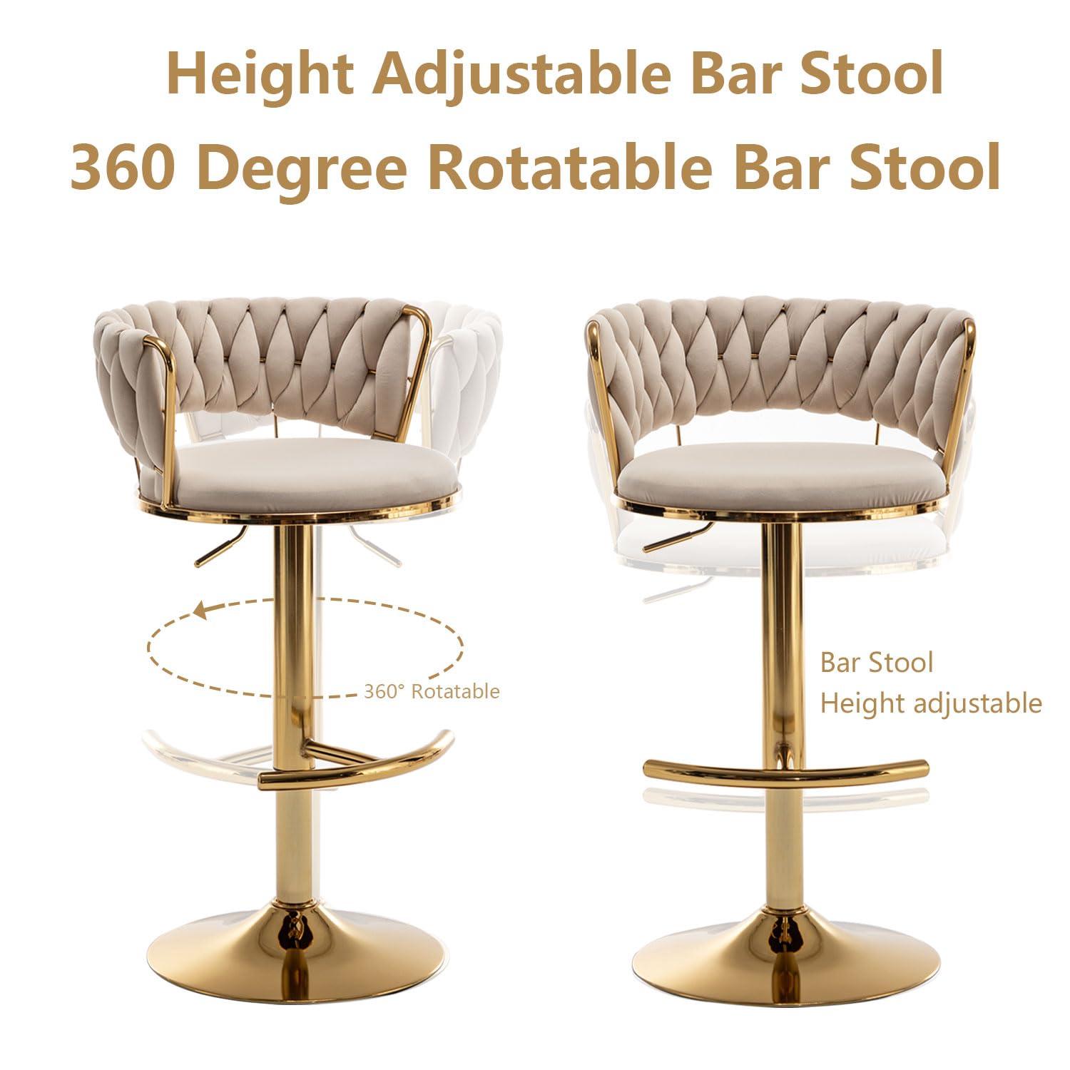Gold Velvet Bar Stools Set of 4, Counter Height Bar Chairs with Low Back, Swivel Bar Stool for Kitchen Island, Bar Pub (Beige)