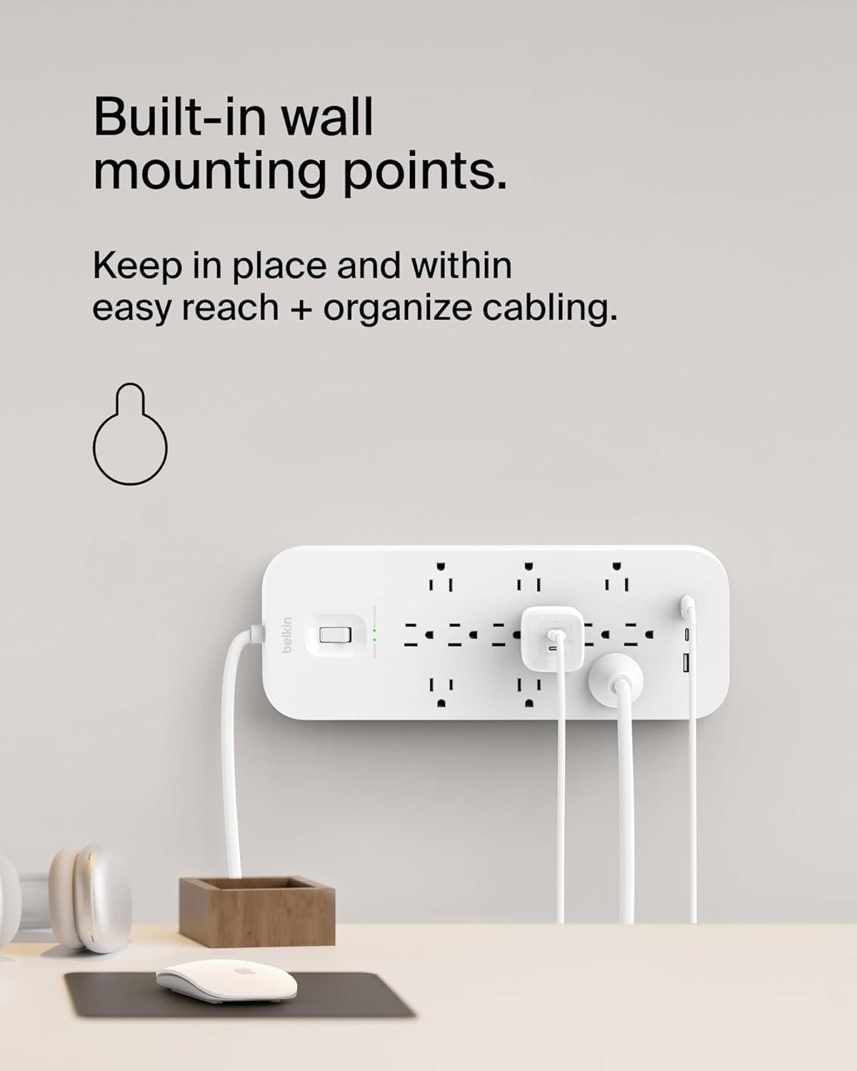 Belkin 12-Outlet Surge Protector Power Strip w/ 12 AC Outlets, 1 USB-C Port, & 2 USB-A Ports, 6ft Cable, Overload and Overvoltage Protection, and On/Off Power Switch - 4,000 Joules of Protection