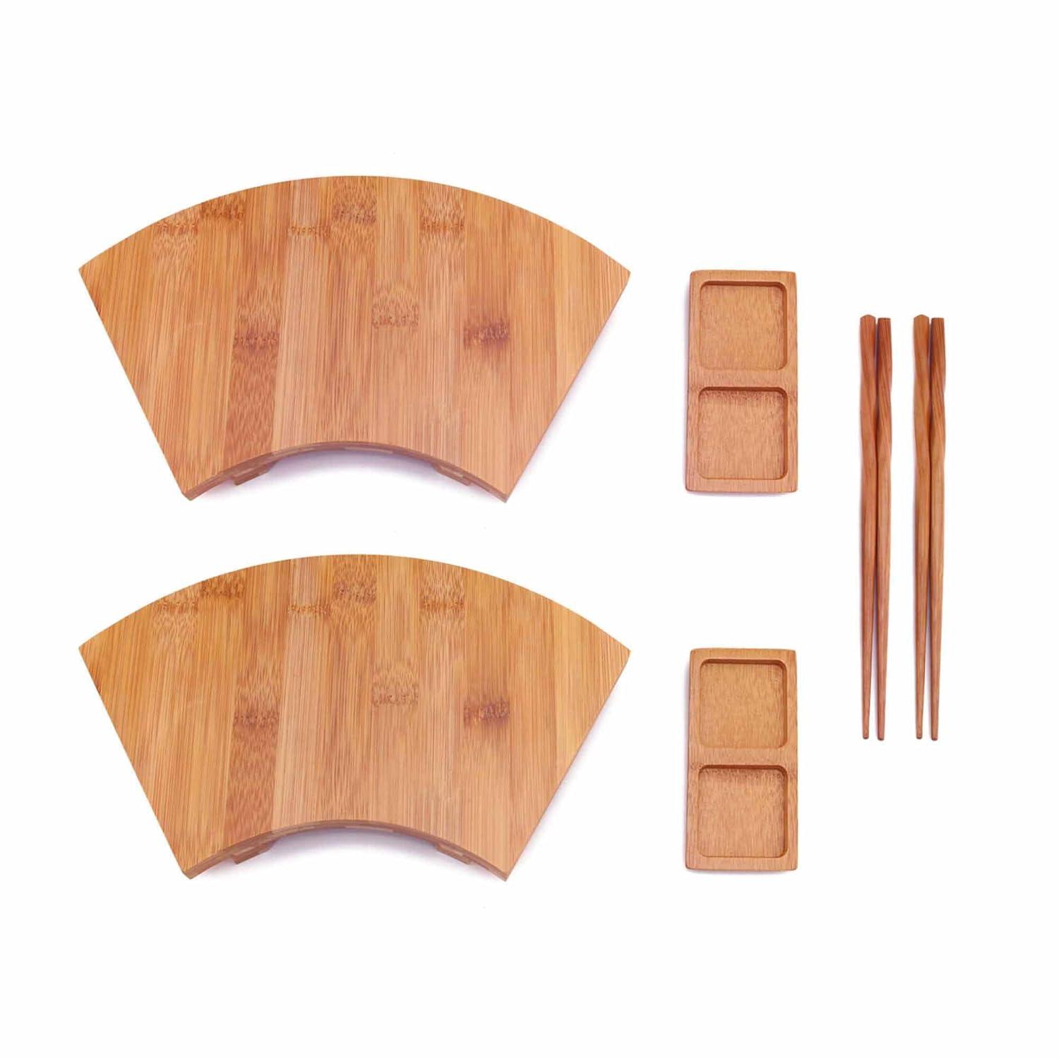 BambooMN Bamboo Sushi Board Tray, Chopsticks and Compartment Sauce Dish, 11.6" Fan - 2 Sets