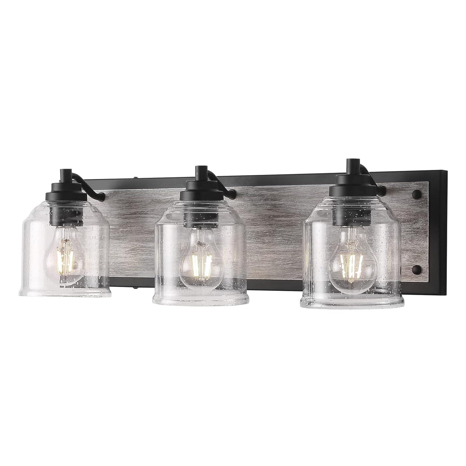 Vanity Lights for Bathroom Large 23", Farmhouse Rustic Vanity Light with Bubble Glass Shades, Black 3 Light Bathroom Lighting Fixtures Over Mirror, Bath Wall Sconce Home Decor