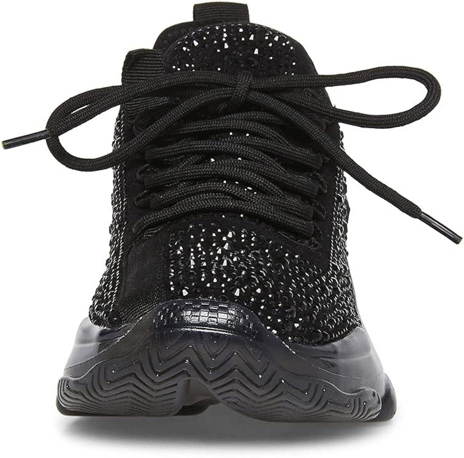 Black Rhinestone Faux Suede Platform Lace-Up Sneakers