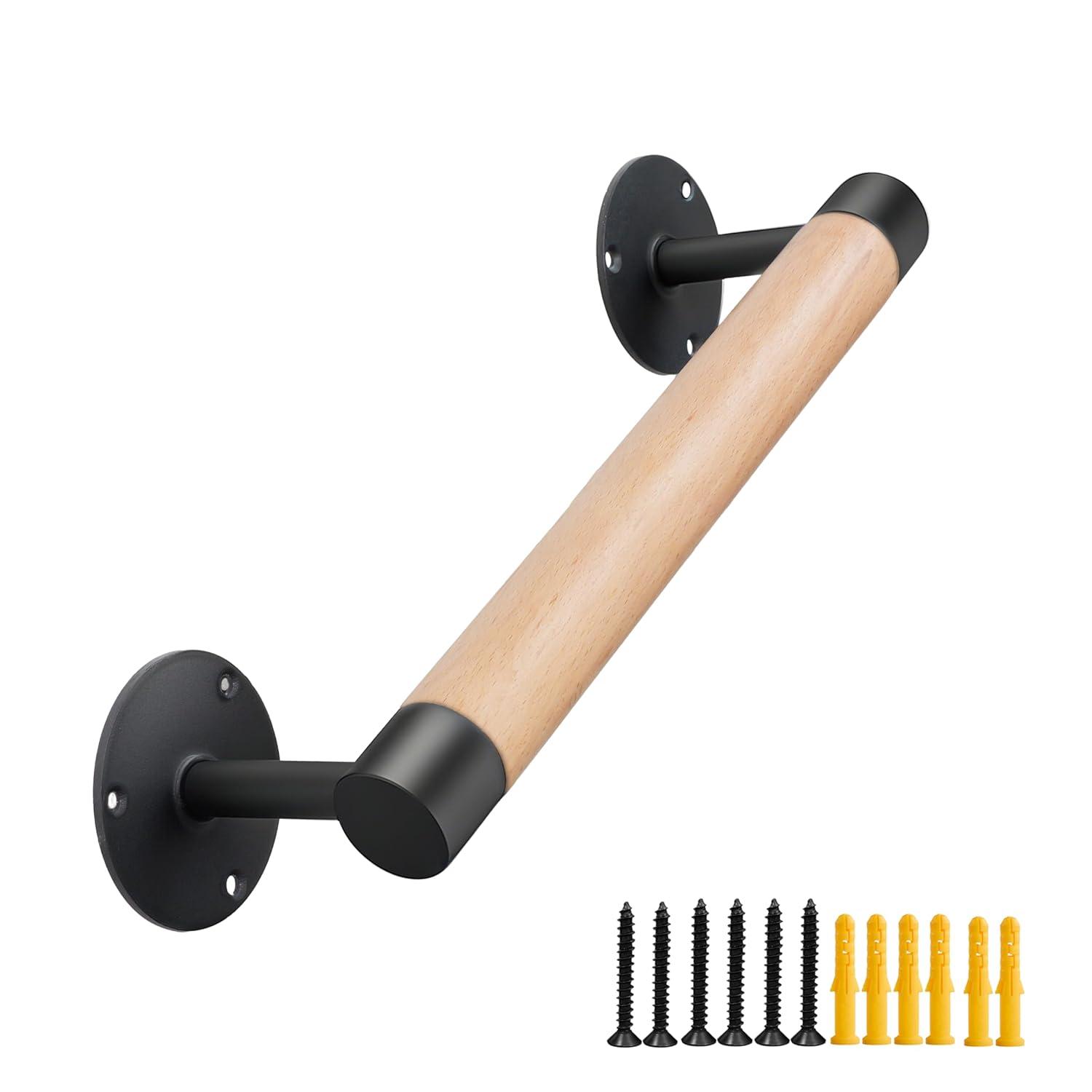 1ft Wood Handrail for Indoor Stairs, Wood Staircase Handrail W/s Black Sturdy Metal Brackets, Stair Banister Railing Wooden Safety Grab Bar for Elderly & Kids