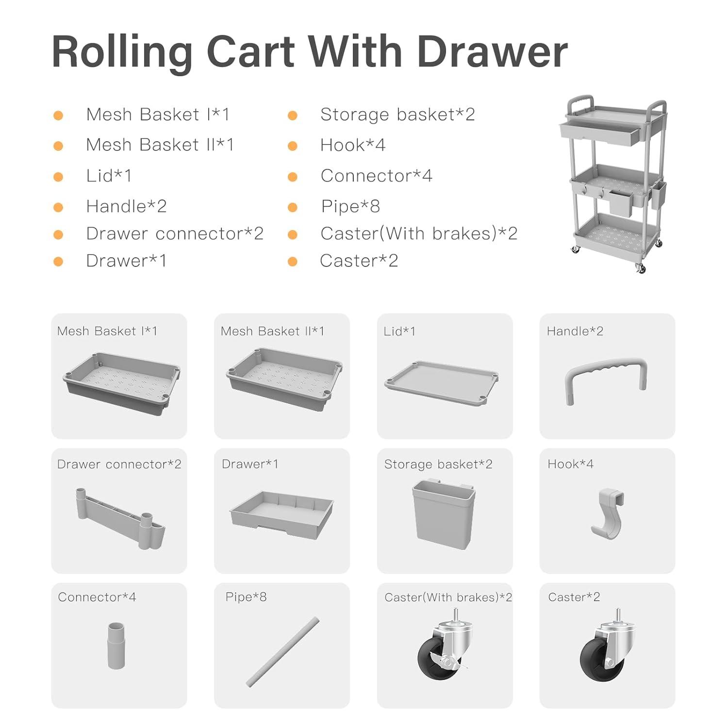 3 Tier Rolling Utility Cart with Drawer,REBECAT Utility Cart Made of Multifunctional Storage Organizer Tool for Kitchen,Bathroom,Living Room,Office(Gray)