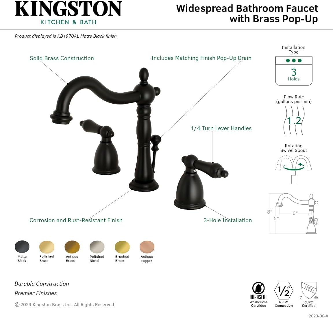Kingston Brass KB197ALAC Kingston Brass Heritage Two-Handle 3-Hole Deck Mount Widespread Bathroom Faucet with Brass Pop-Up Drain