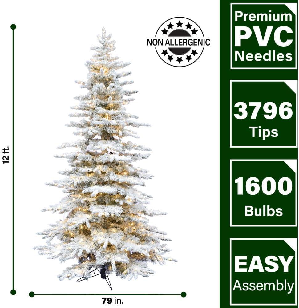 Fraser Hill Farm Pre-lit  Mountain Pine Flocked Artificial Christmas Tree with LED Lights and Stand