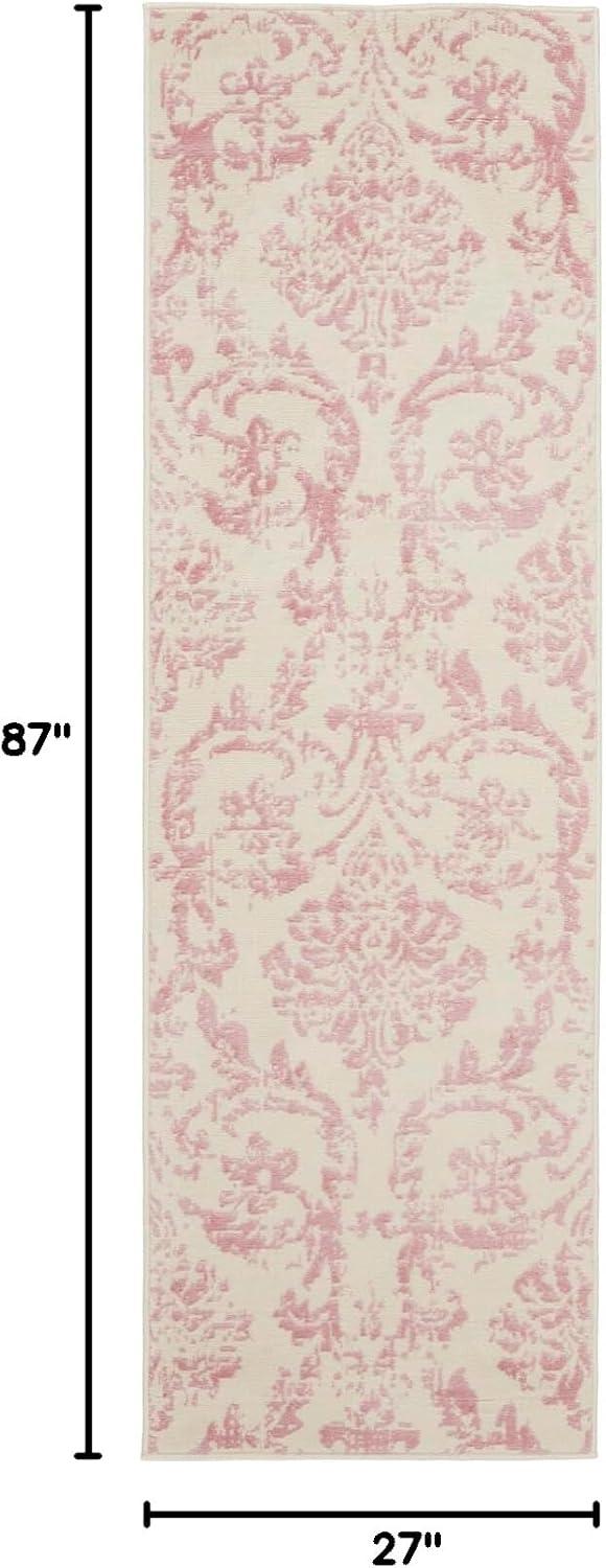 Nourison Jubilant 2'3" x 7'3" (7' Runner) Ivory/Pink Area Rug Farmhouse Vintage Damask by Nourison