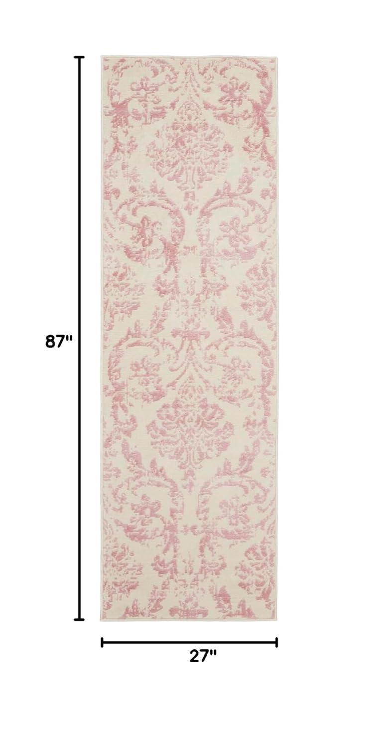 Nourison Jubilant 2'3" x 7'3" (7' Runner) Ivory/Pink Area Rug Farmhouse Vintage Damask by Nourison