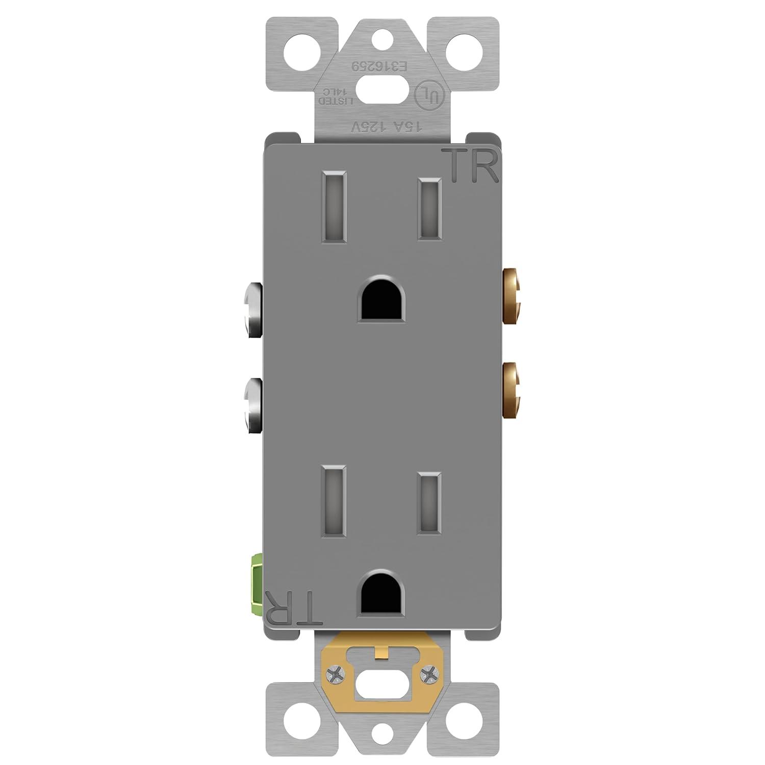 Gray Tamper-Resistant Decorator Receptacle Outlet with Wall Plate