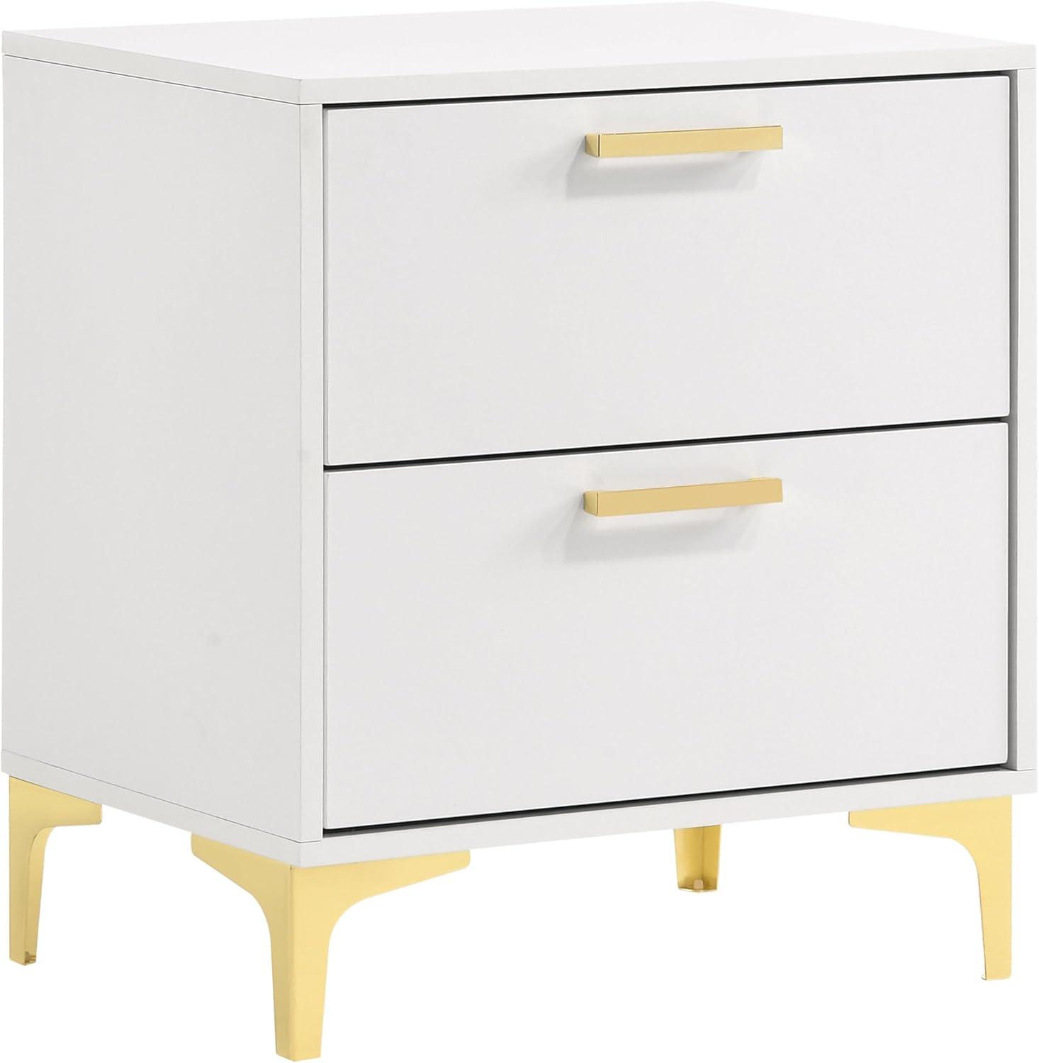 White and Gold 2-Drawer Glam Nightstand with Metal Base