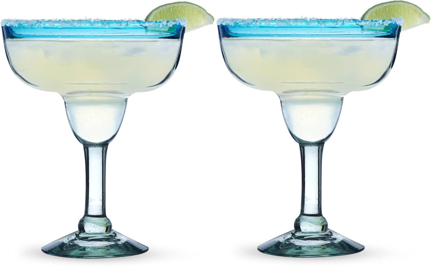 Blue Rim Recycled Glass Margarita Cocktail Set, 10oz, 2-Piece