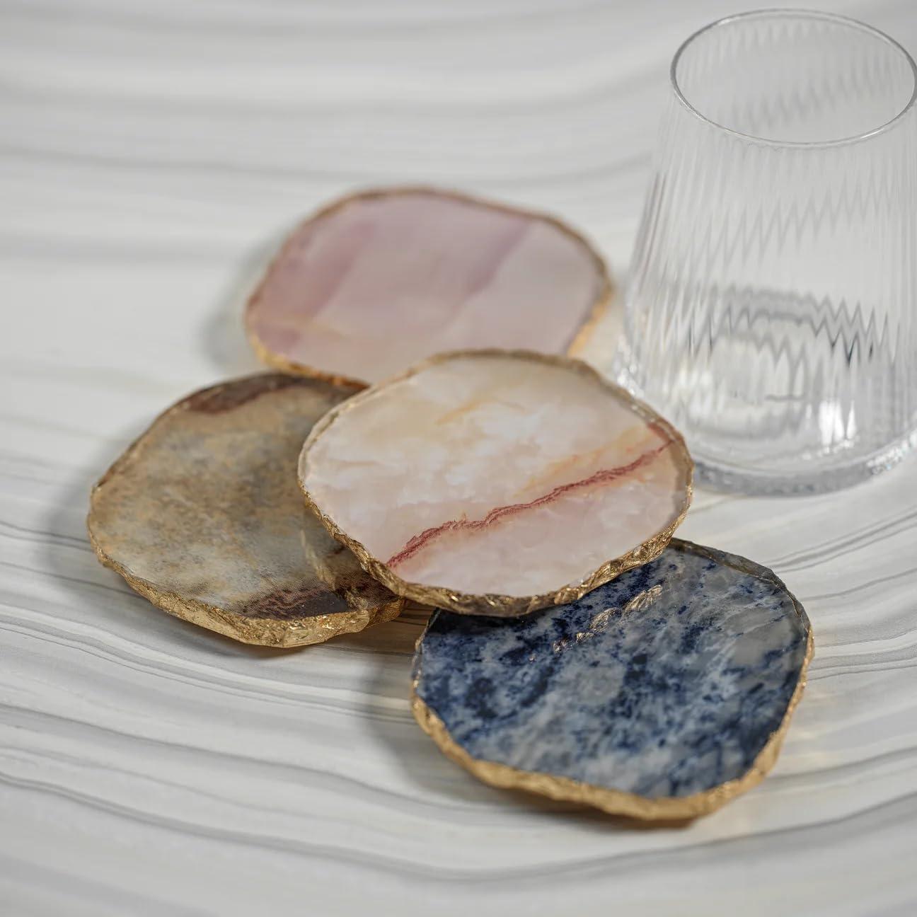 Yellow Agate Marble Glass Coasters with Gold Rim - Set of 4