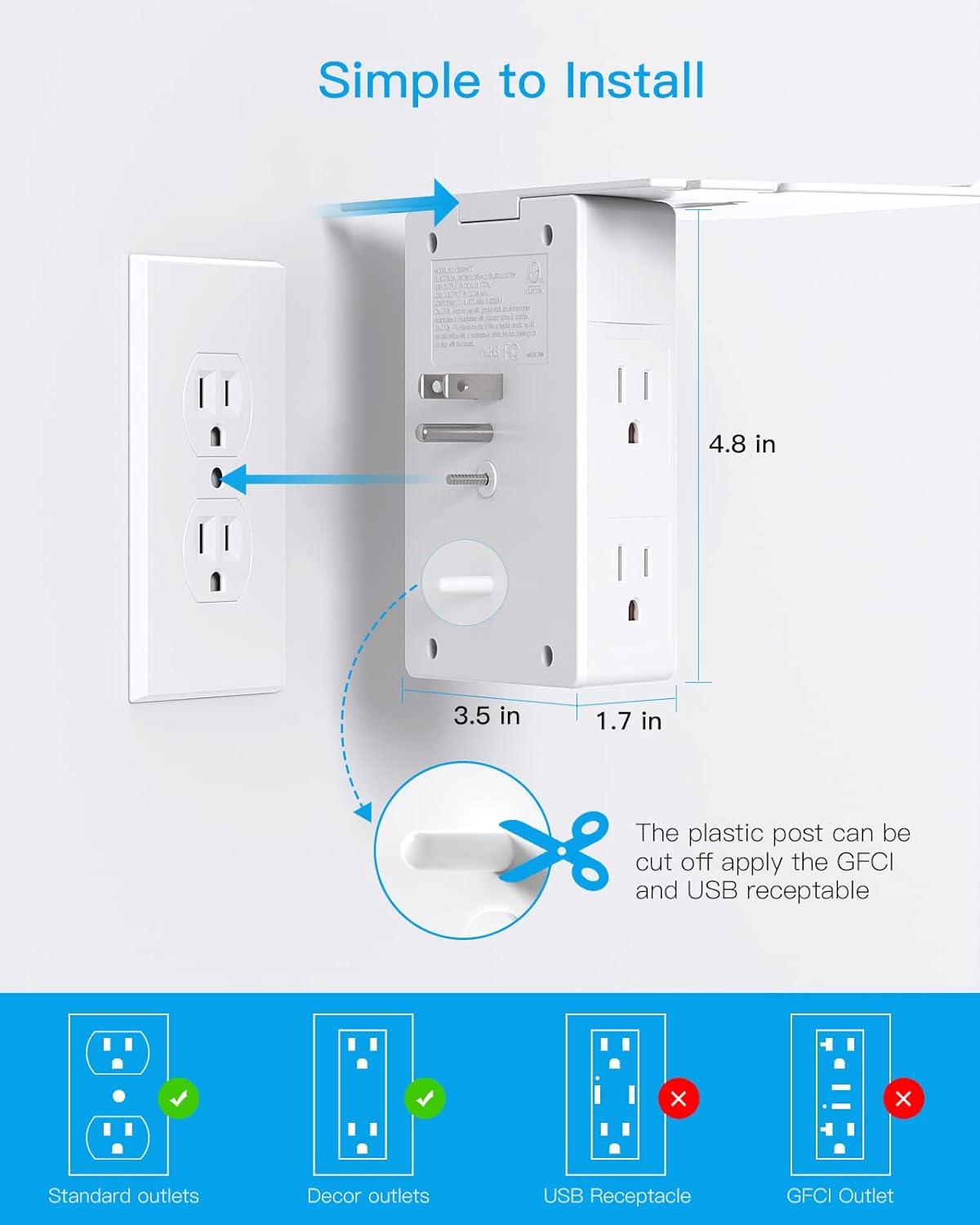 Multi Plug Outlets, Wall Outlet Extender with Night Light and Outlet Shelf, Surge Protector 4 USB Ports(1 USB C), USB Wall Charger Power Strip Electric Outlet Splitter for Home Office White
