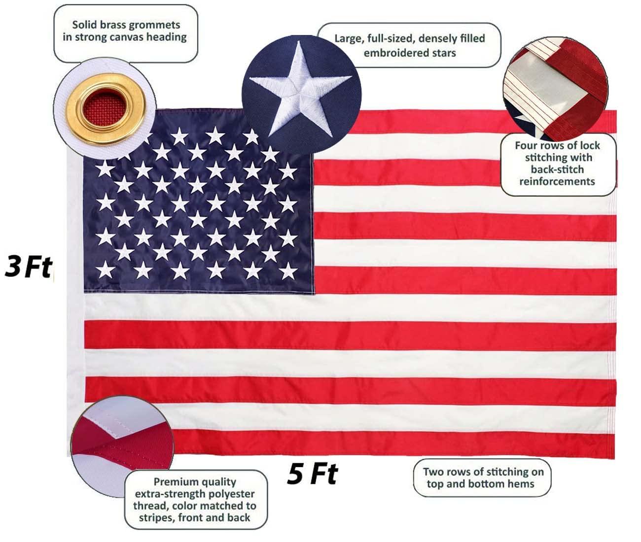 American flag USA flag 3x5FT-Embroidered Stars Flag Double Stitched Sewn Stripes Outdoors Indoors Heavy Duty flag Brass Grommets Banner