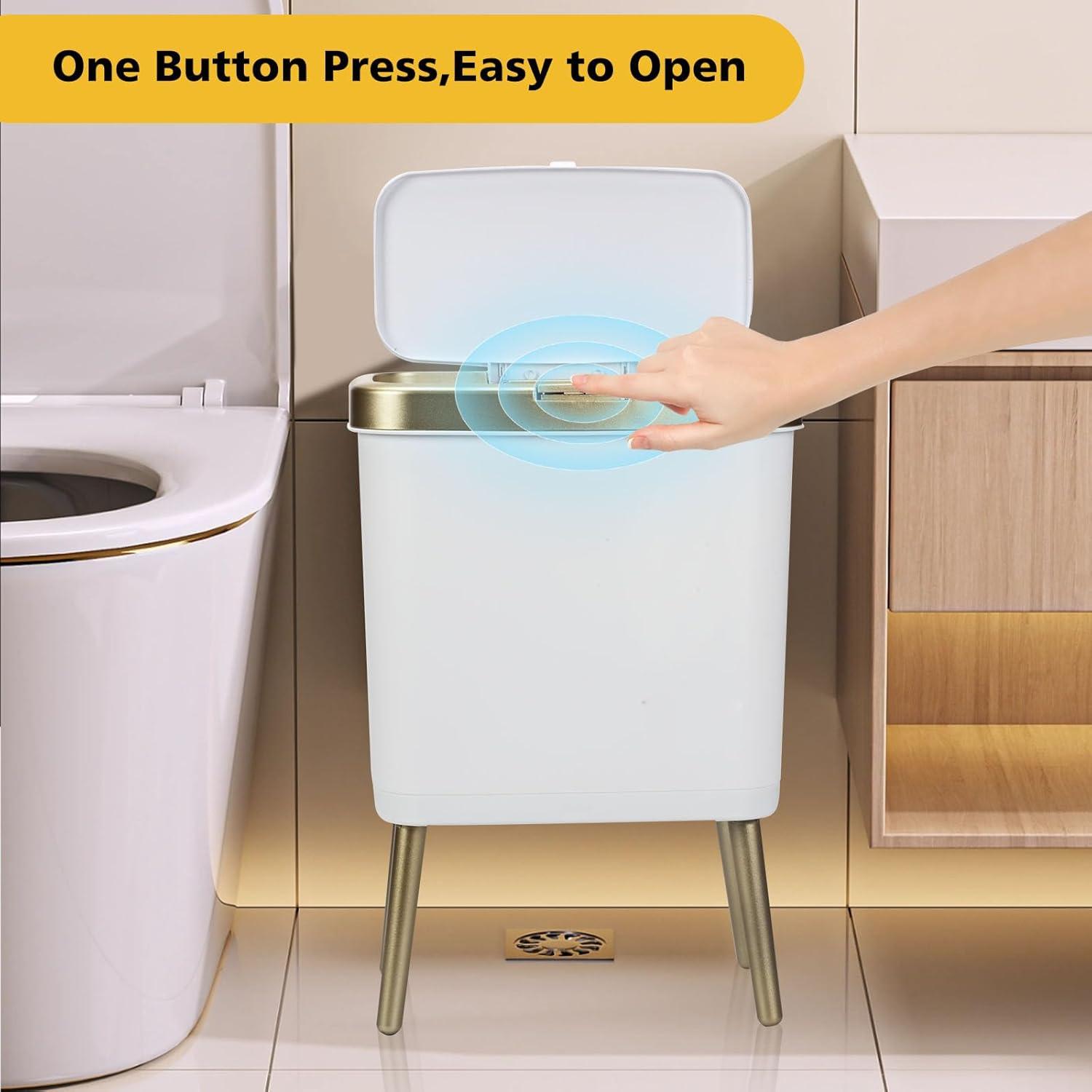 LIKOBI Trash Can with Lid,Bathroom Trash Can with Gold Edge,Slim Plastic Trash Bin for Bedroom,4 Gallon