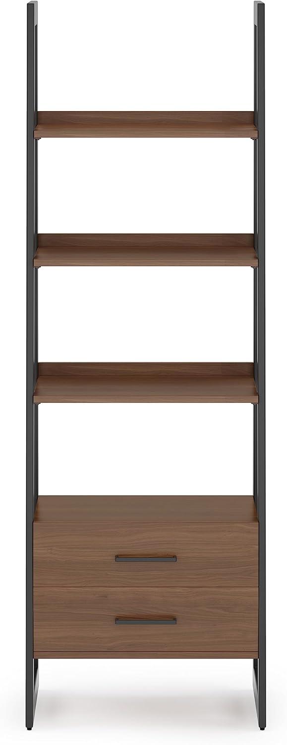 Simpli Home Sawhorse Modern Industrial and Metal Ladder Shelf with Storage in Walnut