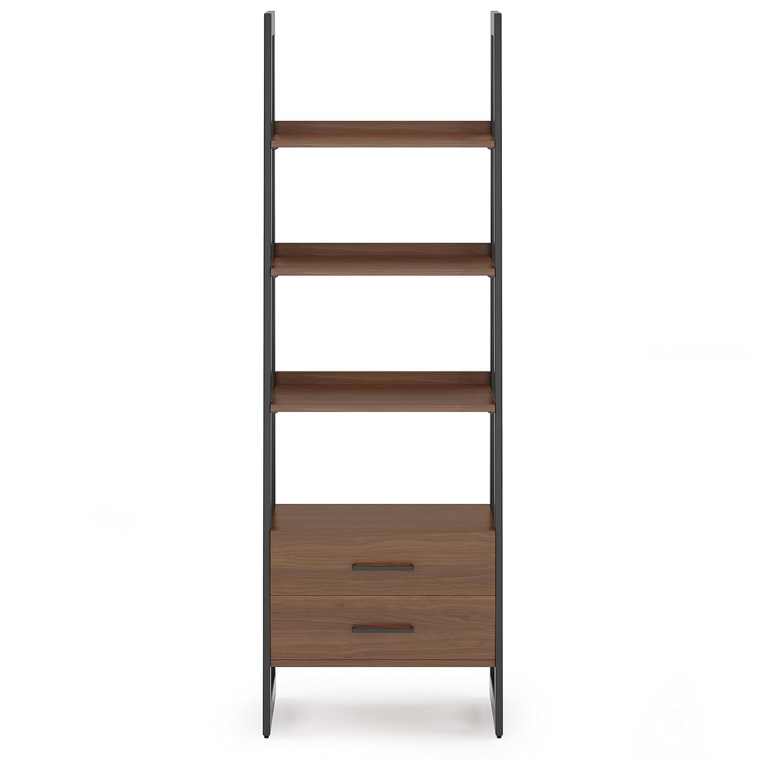 Simpli Home Sawhorse Modern Industrial and Metal Ladder Shelf with Storage in Walnut