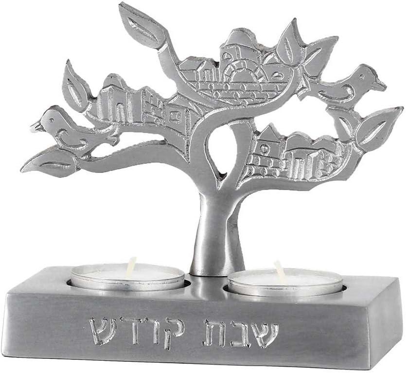 Tealight Candle Holder for Shabbat Fits 2 Candles - Jerusalem Theme Tree of Life - Engraved in Hebrew Shabbos Kodesh (Holy Sabbath) Tea Light Compact Travel Candlestick by Zion Judaica