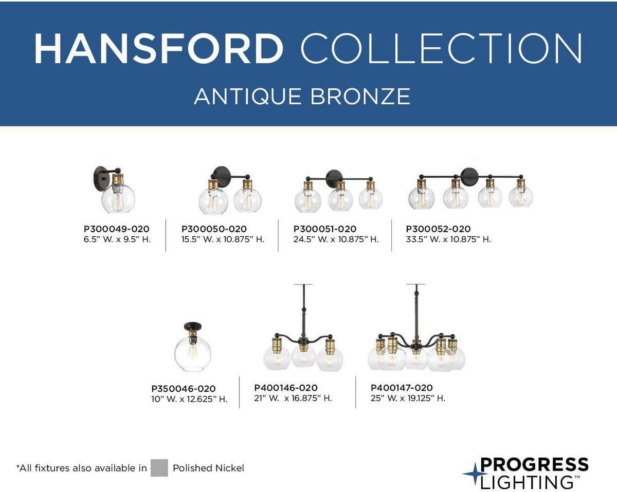 Progress Lighting Hansford 1-Light Bath & Vanity Fixture, Antique Bronze, Clear Spherical Shade