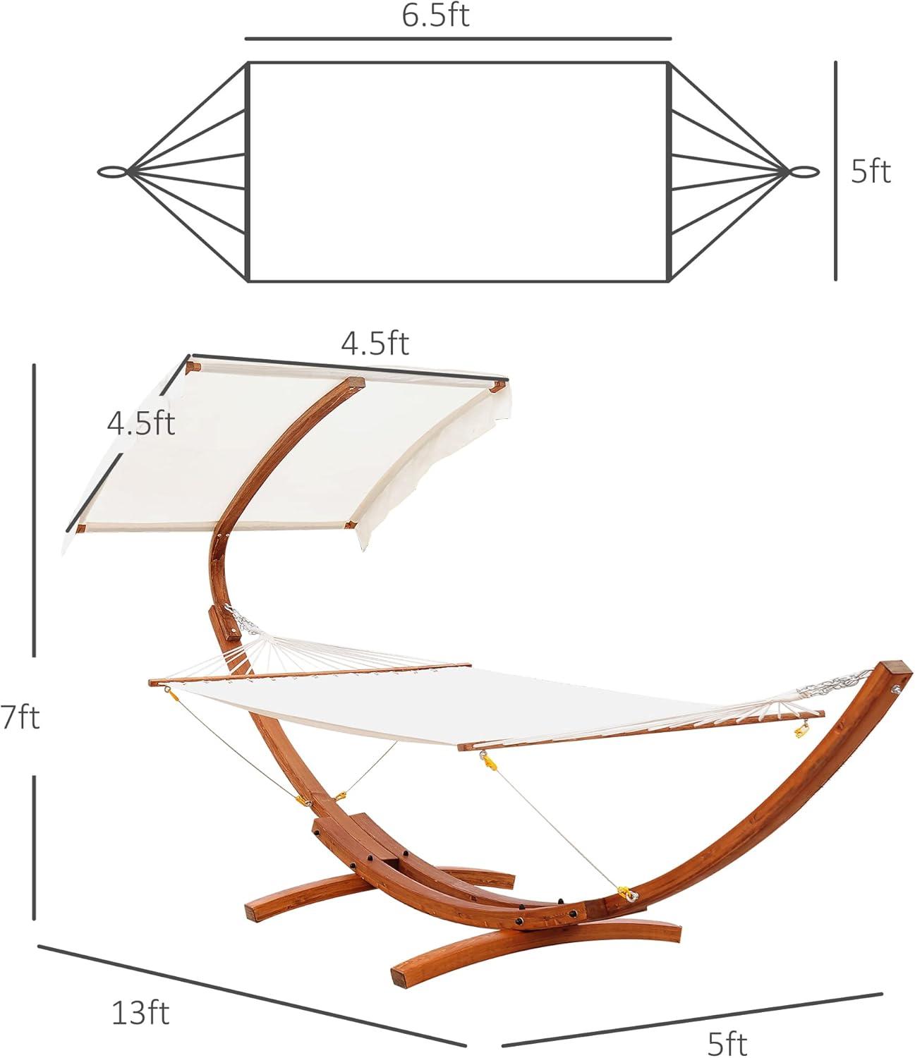 Outsunny Outdoor Hammock with Stand & Accessories, Heavy Duty Wooden Frame, Sun Shade Visor Canopy, Indoor Outside Boho Style Nap Bed, Cotton, White