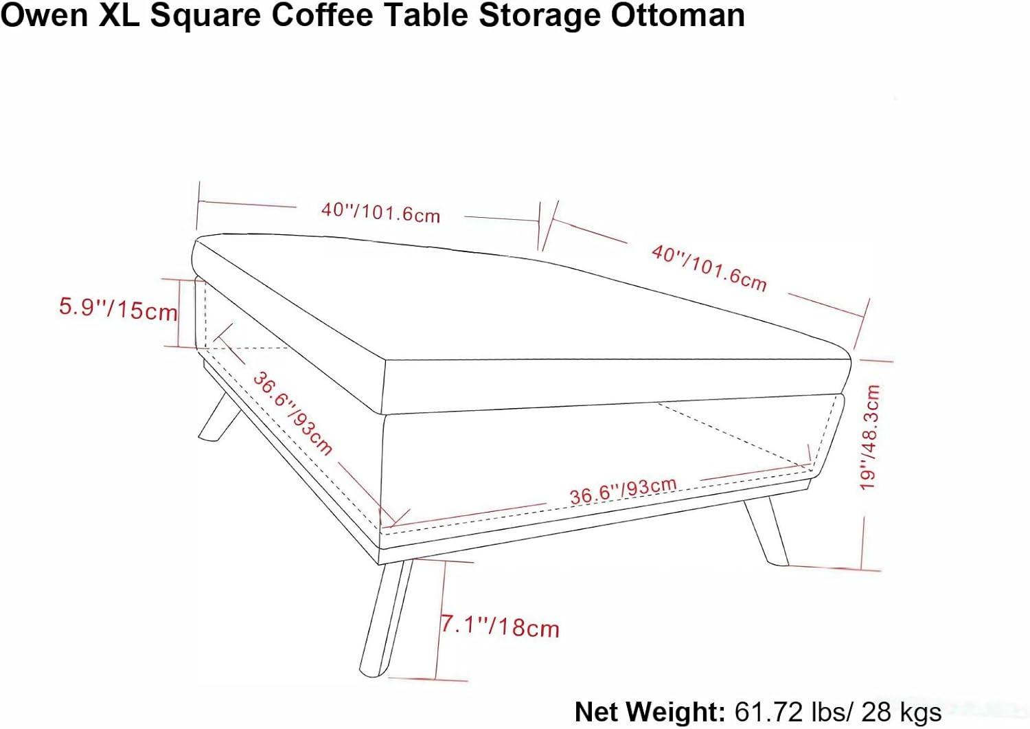 Simpli Home Owen 34"W Upholstered Coffee Table Storage Ottoman with Lift Top and Solid Wood Legs