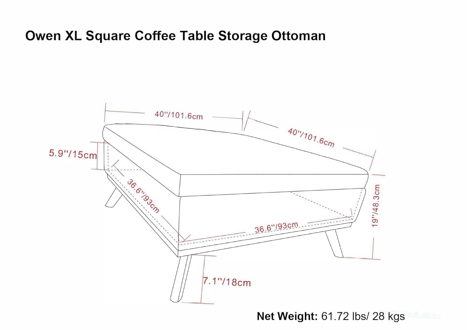 Simpli Home Owen 34"W Upholstered Coffee Table Storage Ottoman with Lift Top and Solid Wood Legs