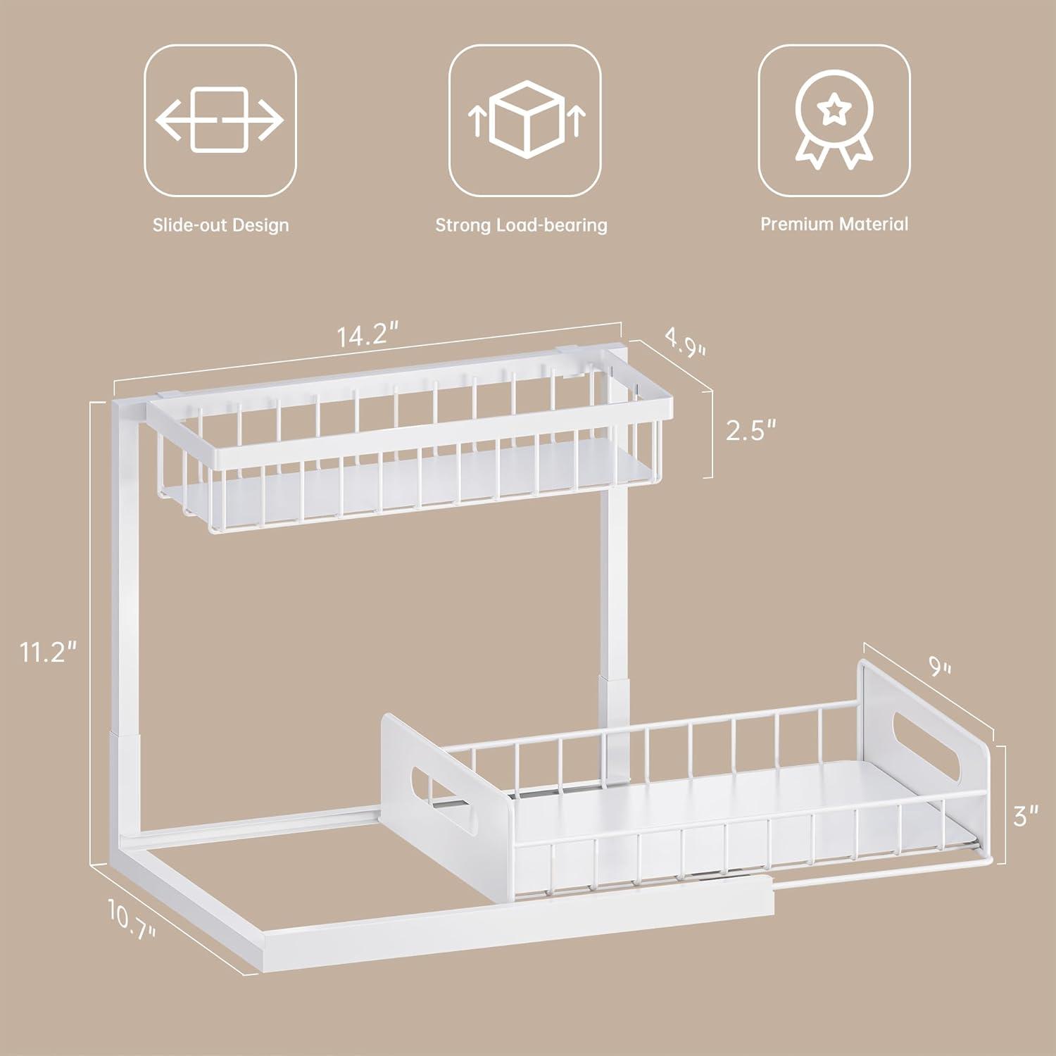 Delamu 2 Pack Under Sink Organizer and Storage, 2 Tier Pull Out Cabinet Organizer, Slide Out Under Sink Storage Shelf for Kitchen Bathroom, White
