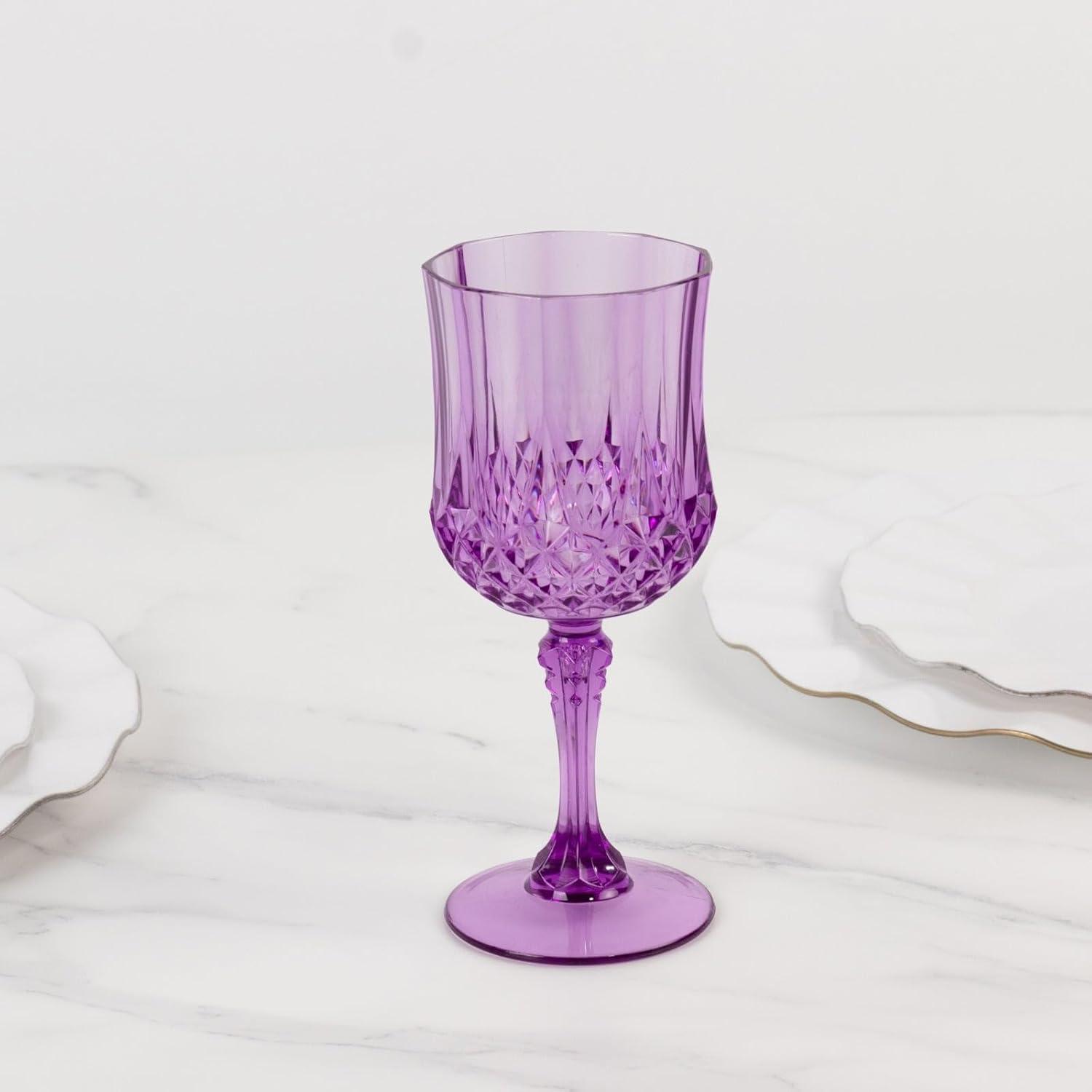 Efavormart 6-Pack Plastic Wine Glasses 8oz, Purple - Crystal Cut Shatterproof Cocktail Goblets Drinking Glasses
