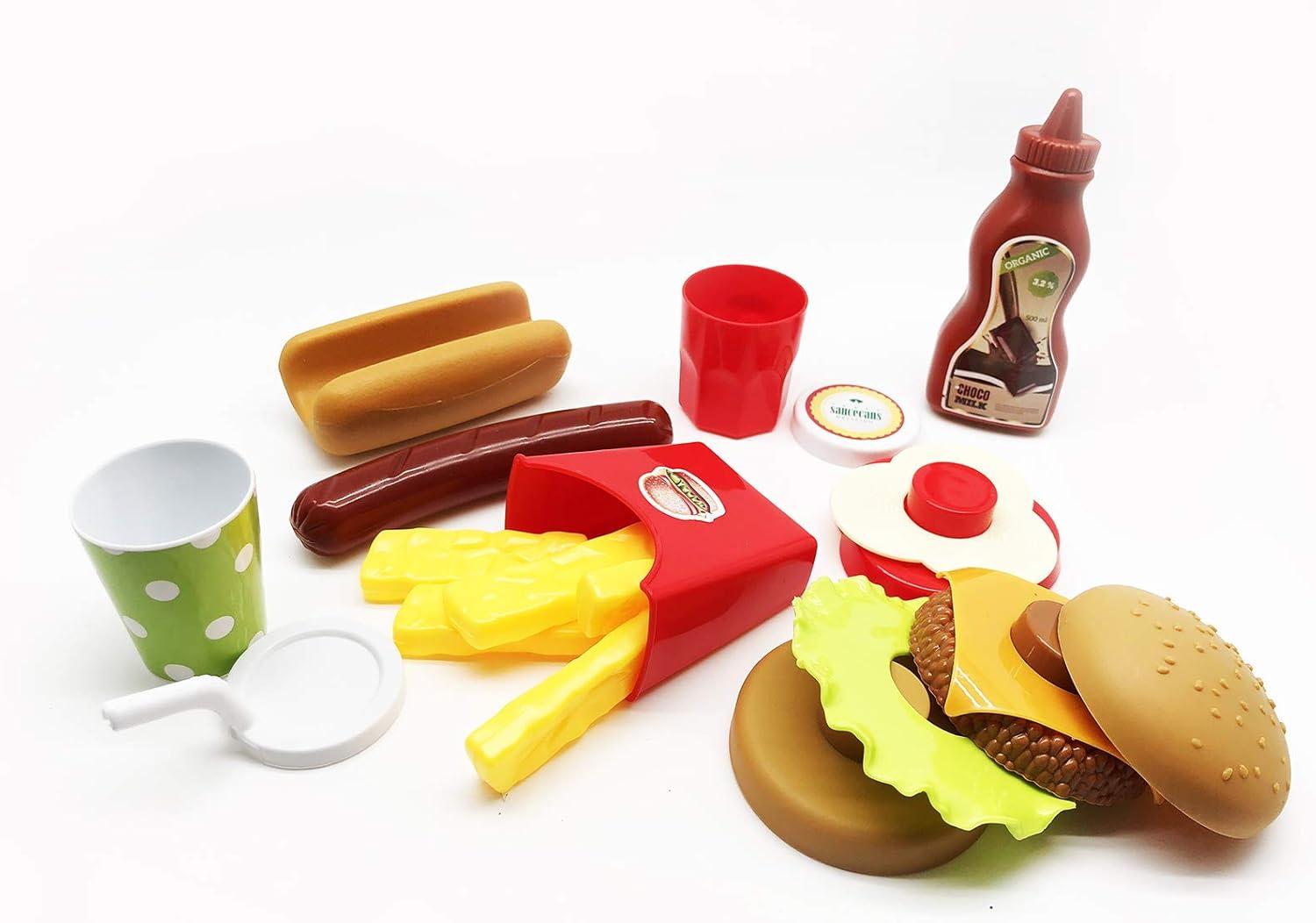 GiftExpress Burger & Chess Fast Food Cooking Play Set for Kids with Hamburger, Fries, Hot Dog, Coke, Ketchup, Milk, Sauce and Tray
