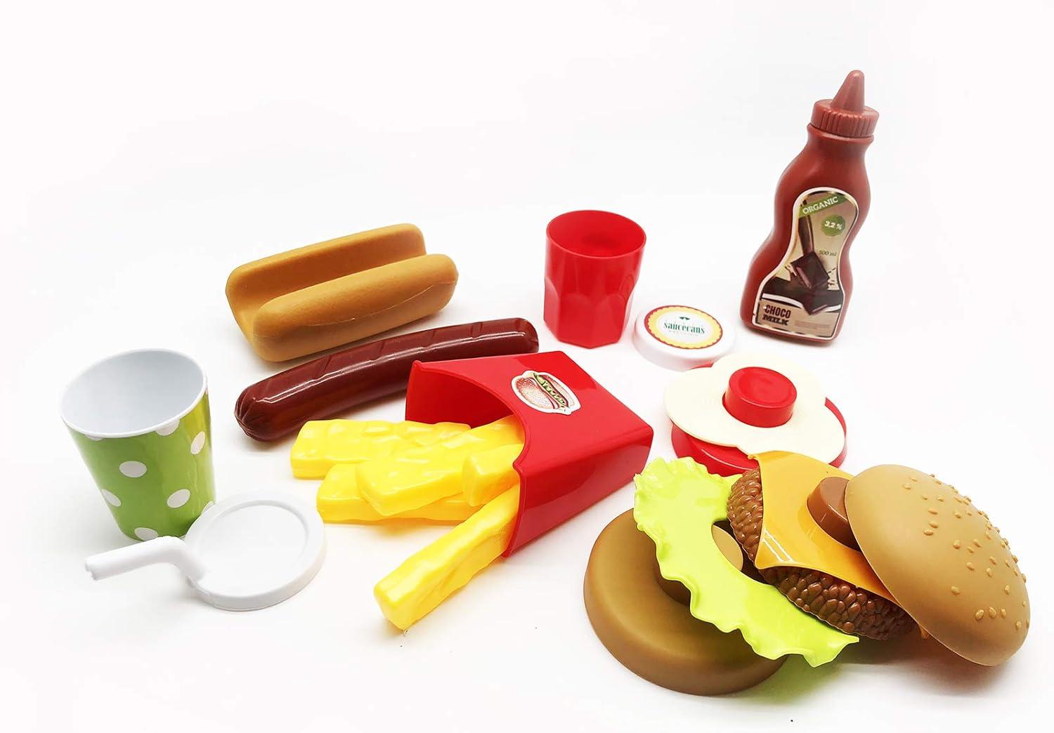 GiftExpress Burger & Chess Fast Food Cooking Play Set for Kids with Hamburger, Fries, Hot Dog, Coke, Ketchup, Milk, Sauce and Tray
