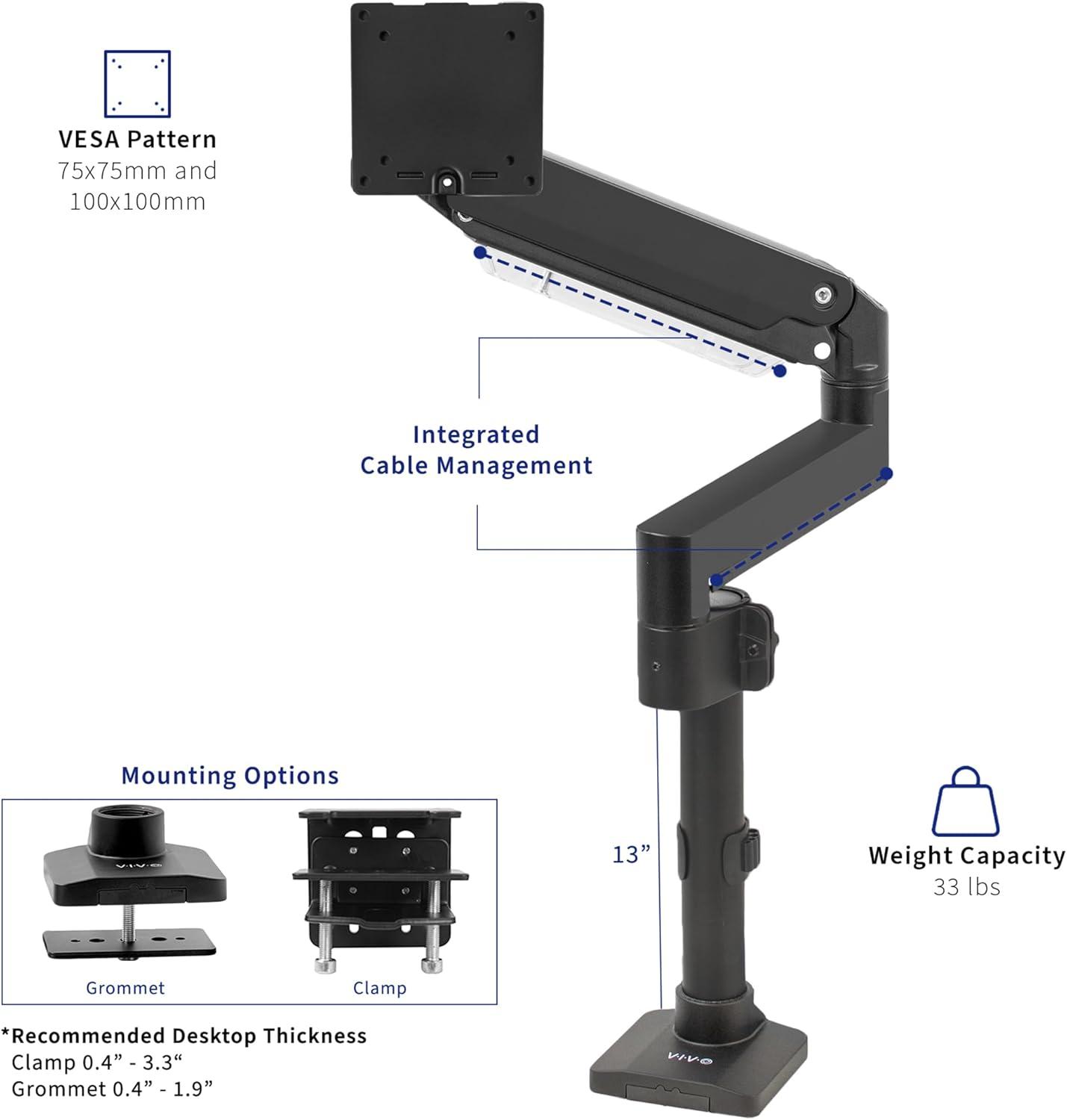 Black Aluminum Single Monitor Desk Mount with Pneumatic Arm