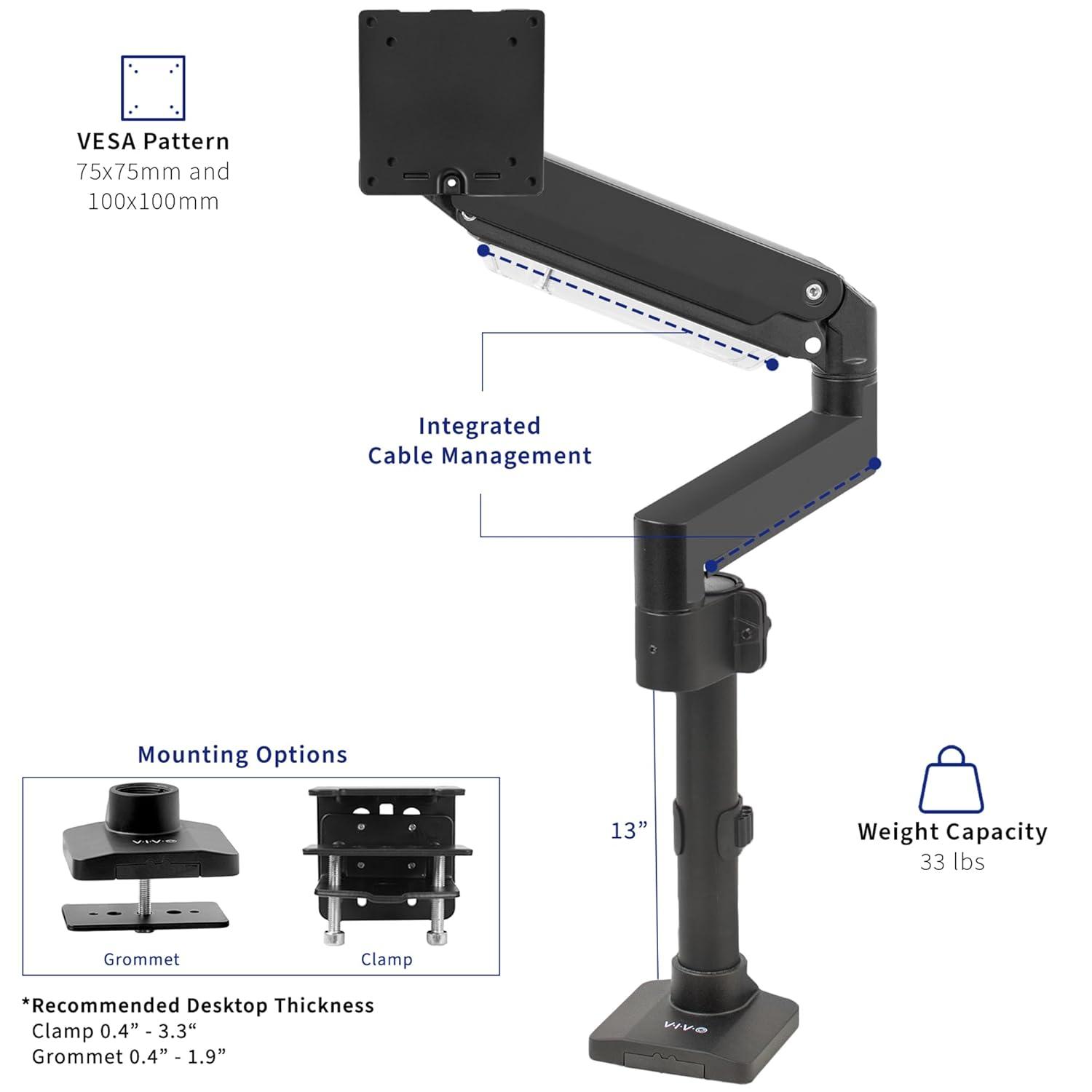 Vivo Pneumatic Arm Single Monitor Desk Mount