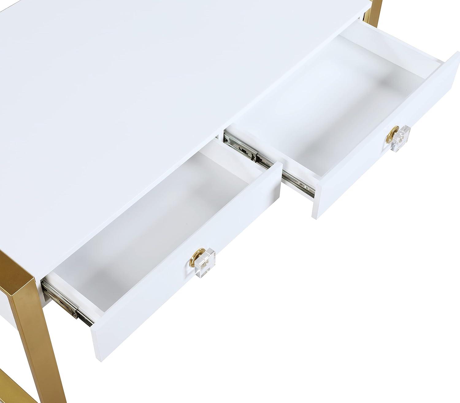 Meridian Furniture 427-T Victoria Collection Modern | Contemporary White Lacquer Desk | Console Table with Brushed Gold Base & Acrylic Handles