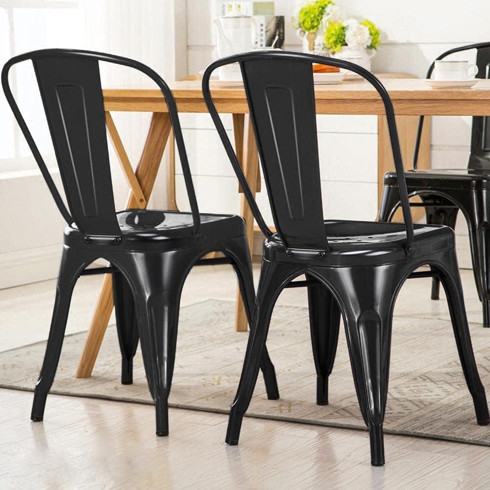 Xayoca Metal Dining Chairs Set of 4 Black High Back Industrial Chairs Indoor/Outdoor Chic Dining Bistro Cafe Side Barstool Bar Chair Coffee Chair