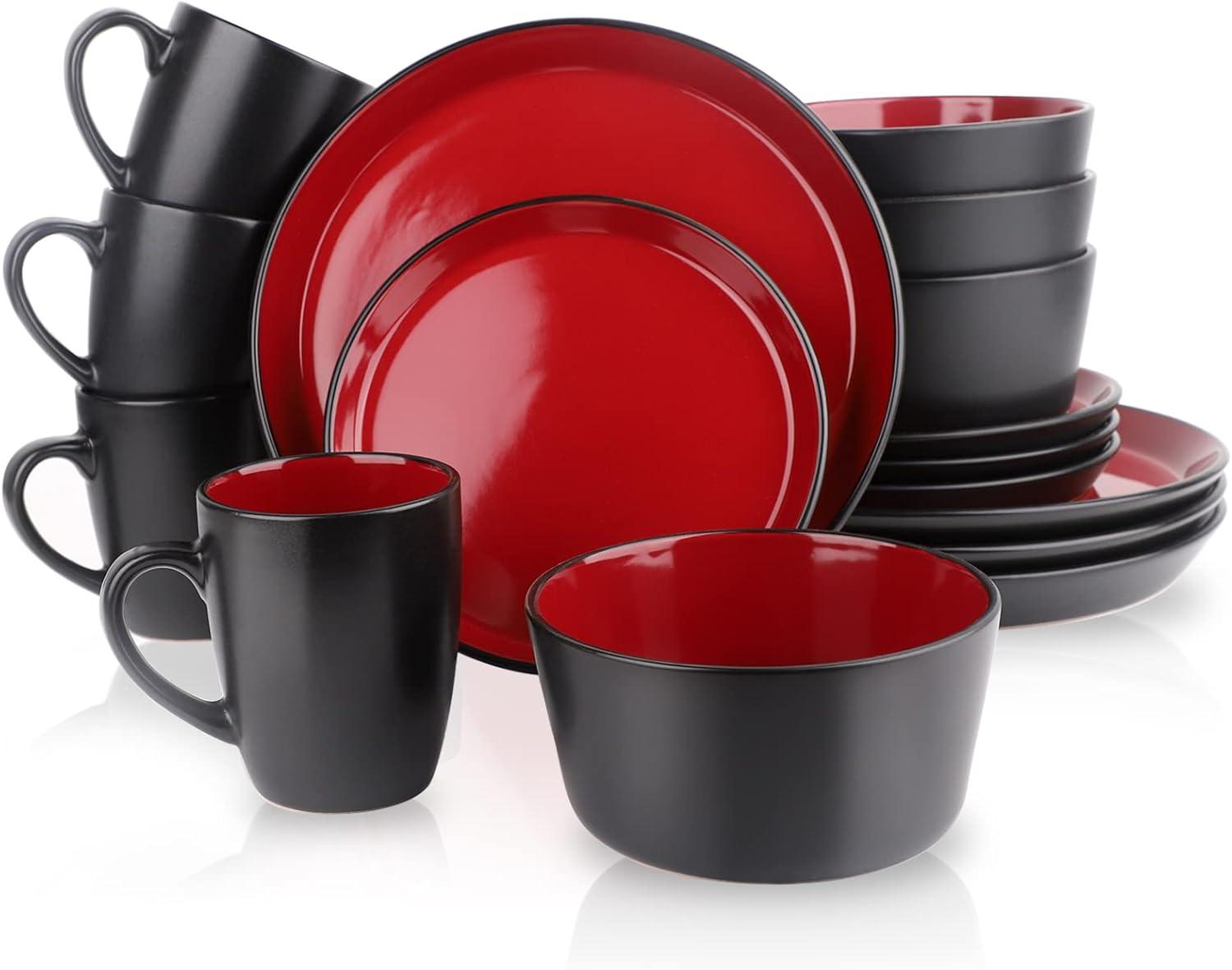 Bestone 16 Piece Dinnerware Set, Stoneware, Chip Resistant, Dinnerware Sets, Plates, Dishes, Bowls, Service for 4, Square，Red and Black