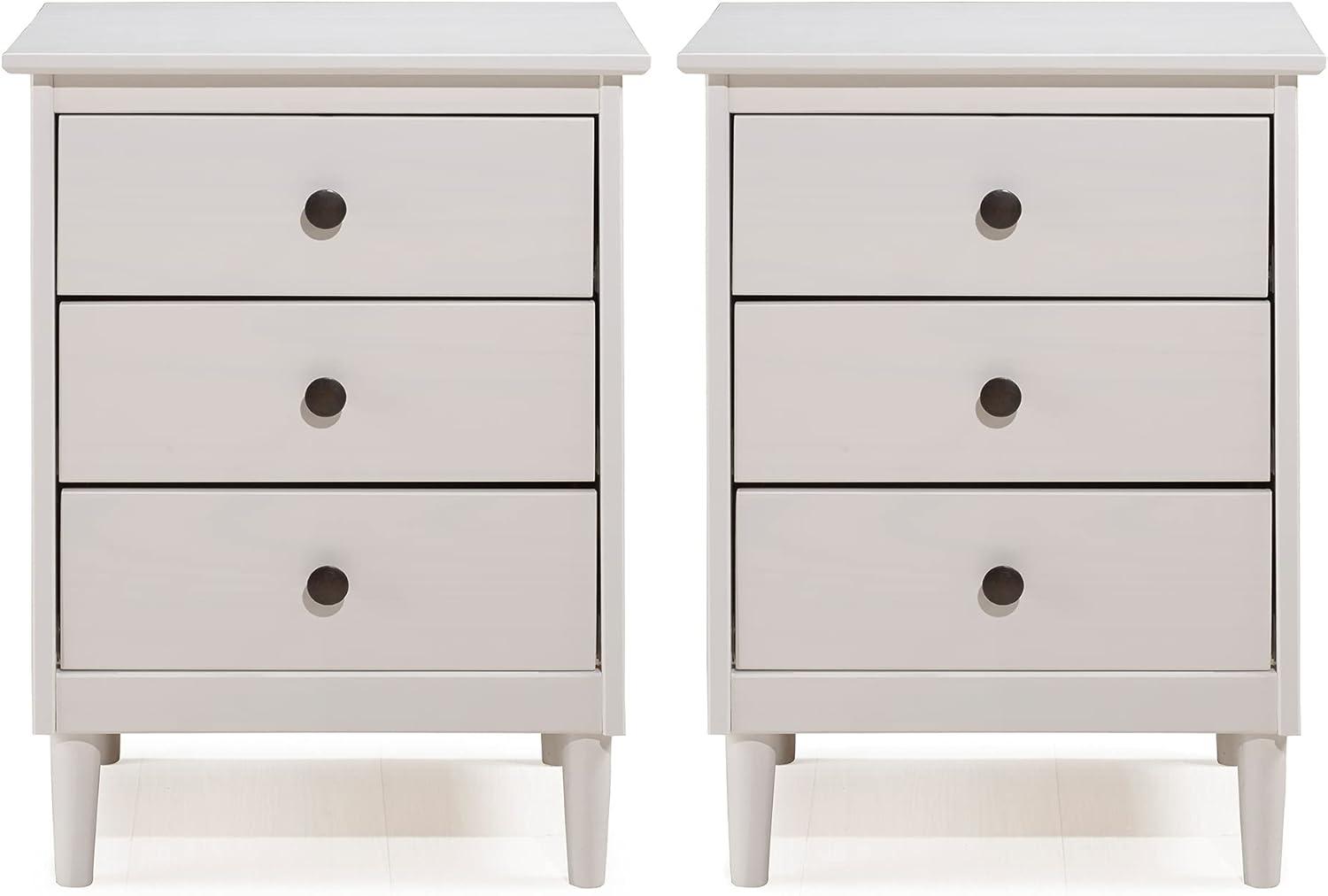 Mid-Century Solid Wood 3-Drawer Bedroom Nightstand in White (Set of 2)