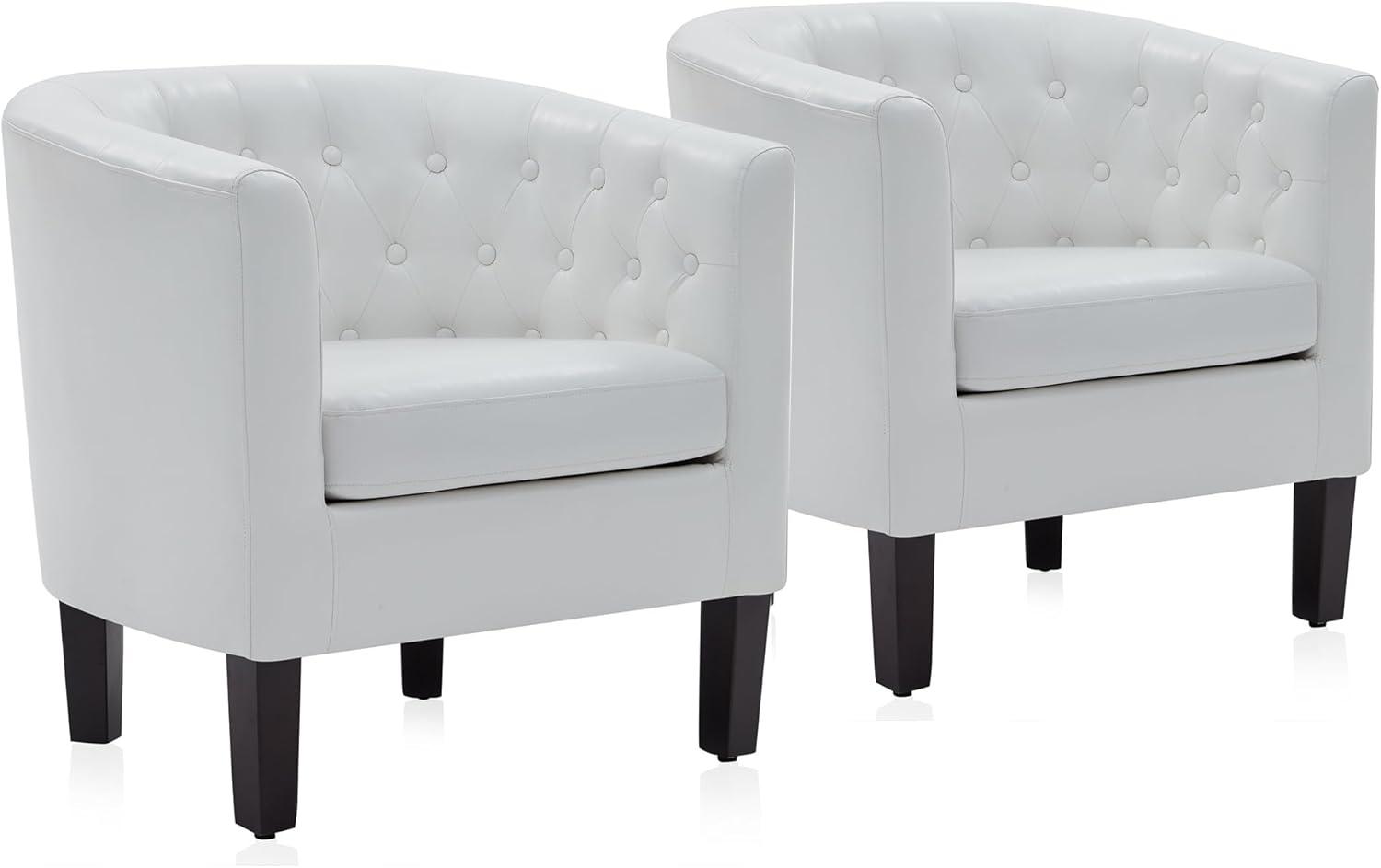 White Faux Leather Barrel Accent Chairs with Wood Legs, Set of 2