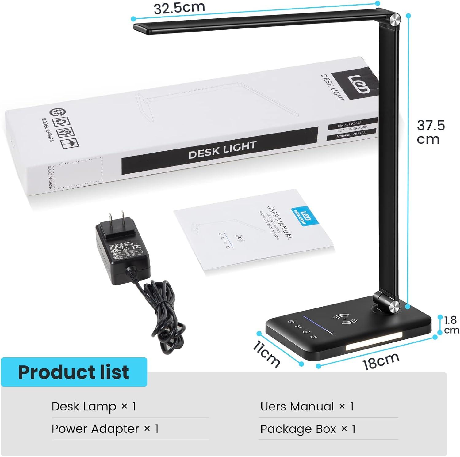 LED Desk Lamp with Wireless Charger, USB Charging Port, Desk Lighting with 5 Brightness Level,5 Lighting Modes, Dimmable Eye-Caring Reading Desk Light for Home, Office Lights,Touch Control,Auto Timer