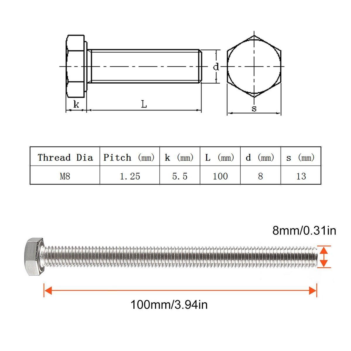 10PCS M8 Stainless Steel Fully Threaded Hex Head Bolts