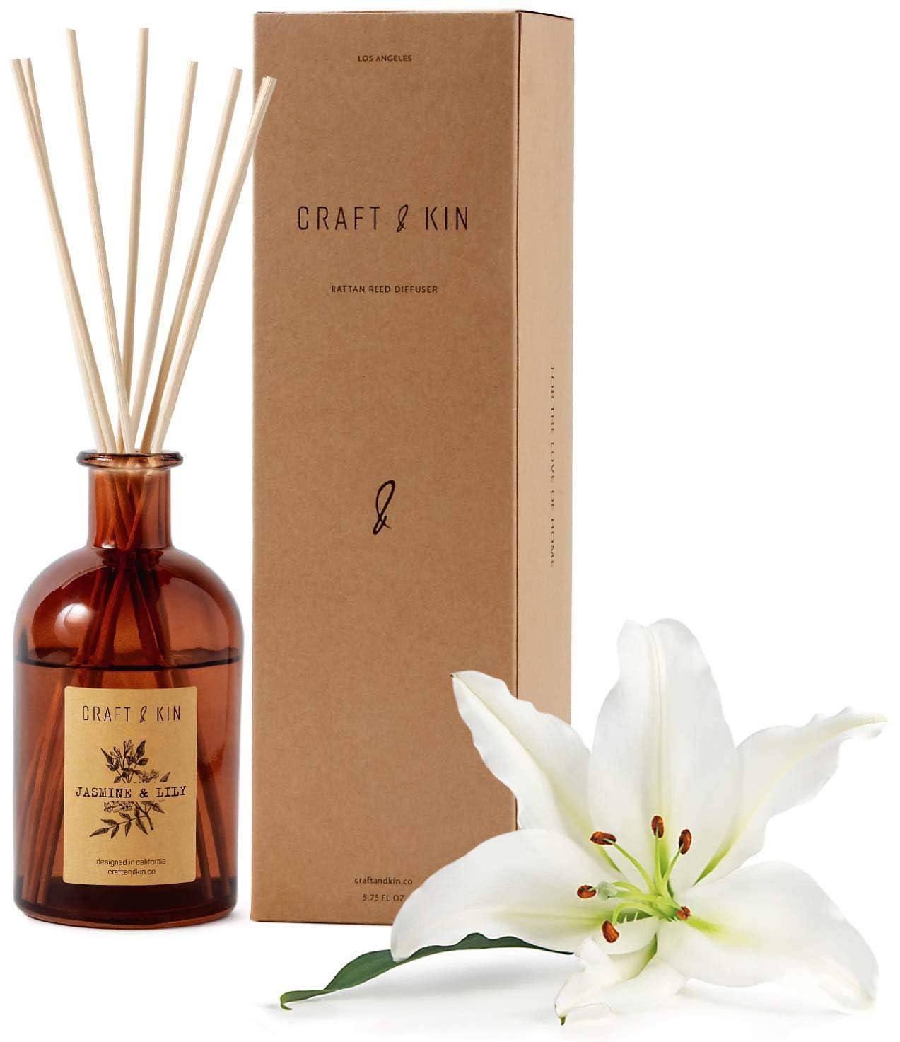 Craft & Kin Lily & Jasmine Diffuser Reed Diffuser | All Natural Essential Oil & 8 Rattan Scent Sticks | Reed Diffusers for Home, Bathroom | Long Lasting Home Fragrance in Amber Glass, 5.75oz