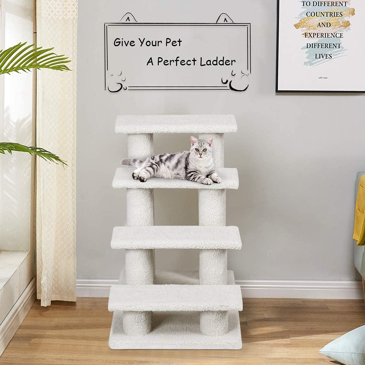 4-Step Pet Stairs Carpeted Ladder Ramp Scratching Post Cat Tree Climber, Dog Stairs for Small Dogs, Dog Steps Stairs Ramps for High Bed Couch