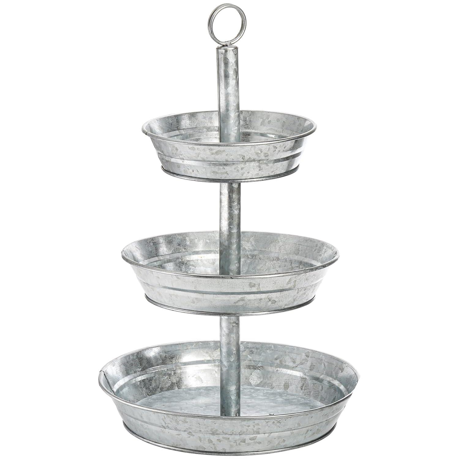 3 Tier Serving Tray - Galvanized, Rustic Metal Stand. Dessert, Cupcake, Fruit & Party Three Tiered Platter. Country Farmhouse Vintage Decor for The Kitchen, Home, Farm & Outdoor by Hallops