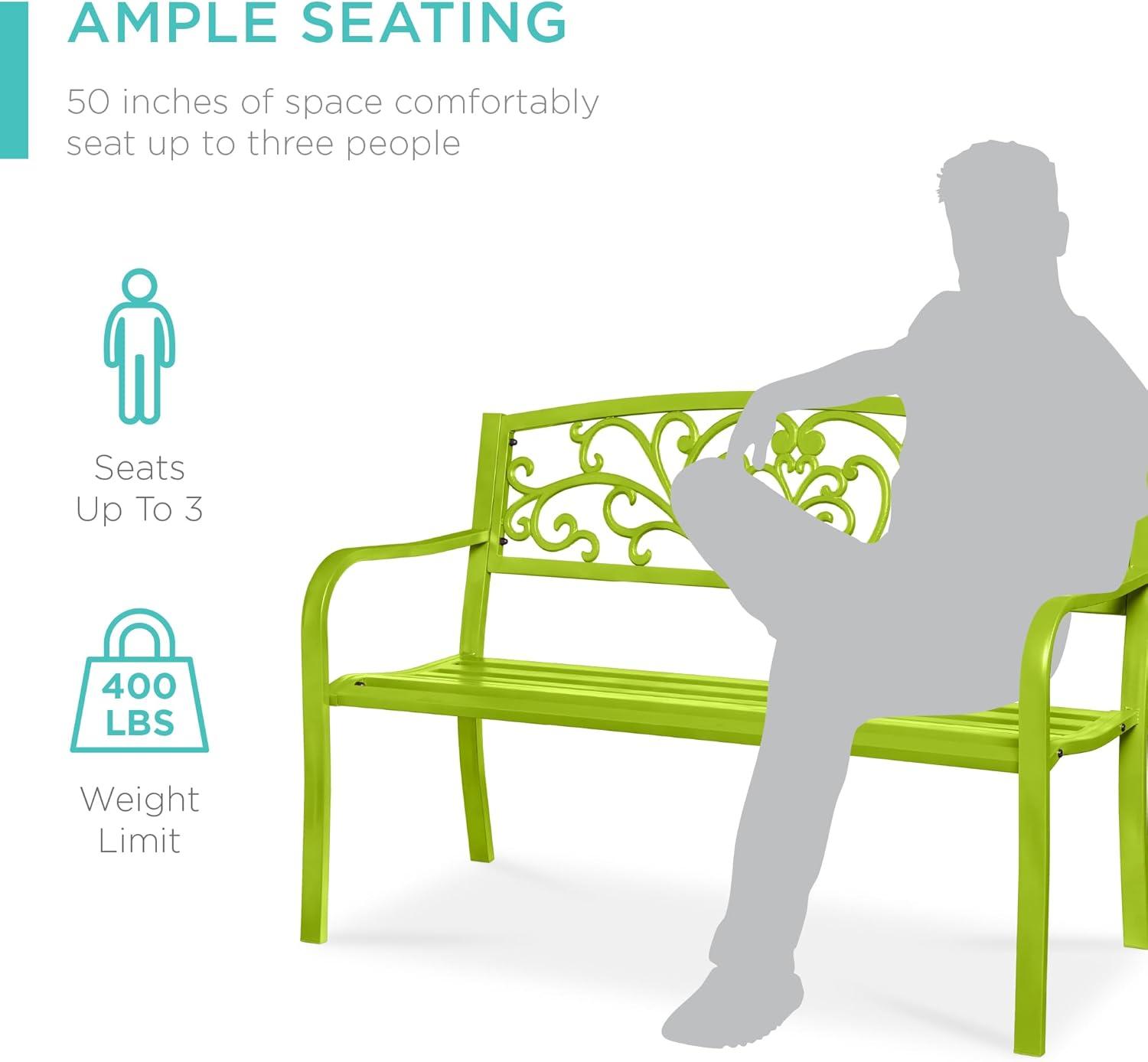 World Menagerie Outdoor Steel Bench with Floral Backrest & Slatted Seat, Marigold for Garden, Patio, Porch, Lawn, and Deck